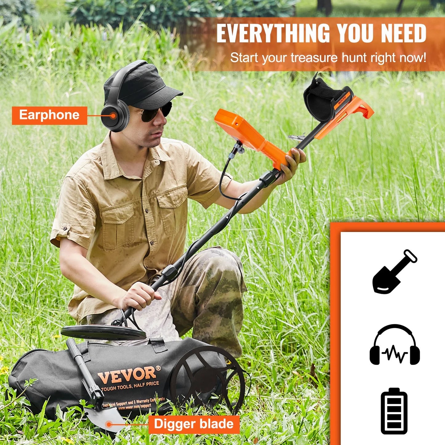 VEVOR Waterproof Metal Detector, 12 Coil, Professional Rechargeable Gold Detector, 39-50 in Adjustable with LCD 7 Modes Advanced DSP Chip Bluetooth Headset, IP68 for Detecting Gold Treasure Hunting
