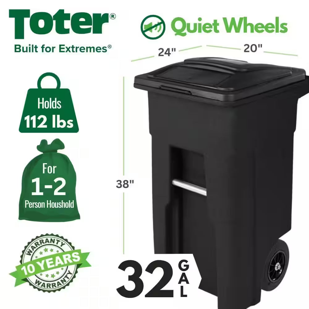 32 Gallon Blackstone Outdoor Trash Can/Garbage Can with Quiet Wheels and Attached Lid