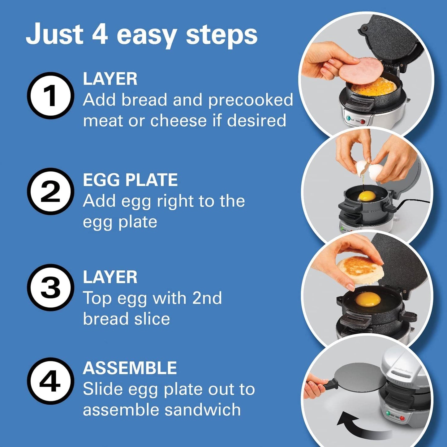 Breakfast Sandwich Maker with Egg Cooker Ring, Customize Ingredients, Perfect for English Muffins, Croissants, Mini Waffles, Perfect White Elephant Gifts, Silver (25475)