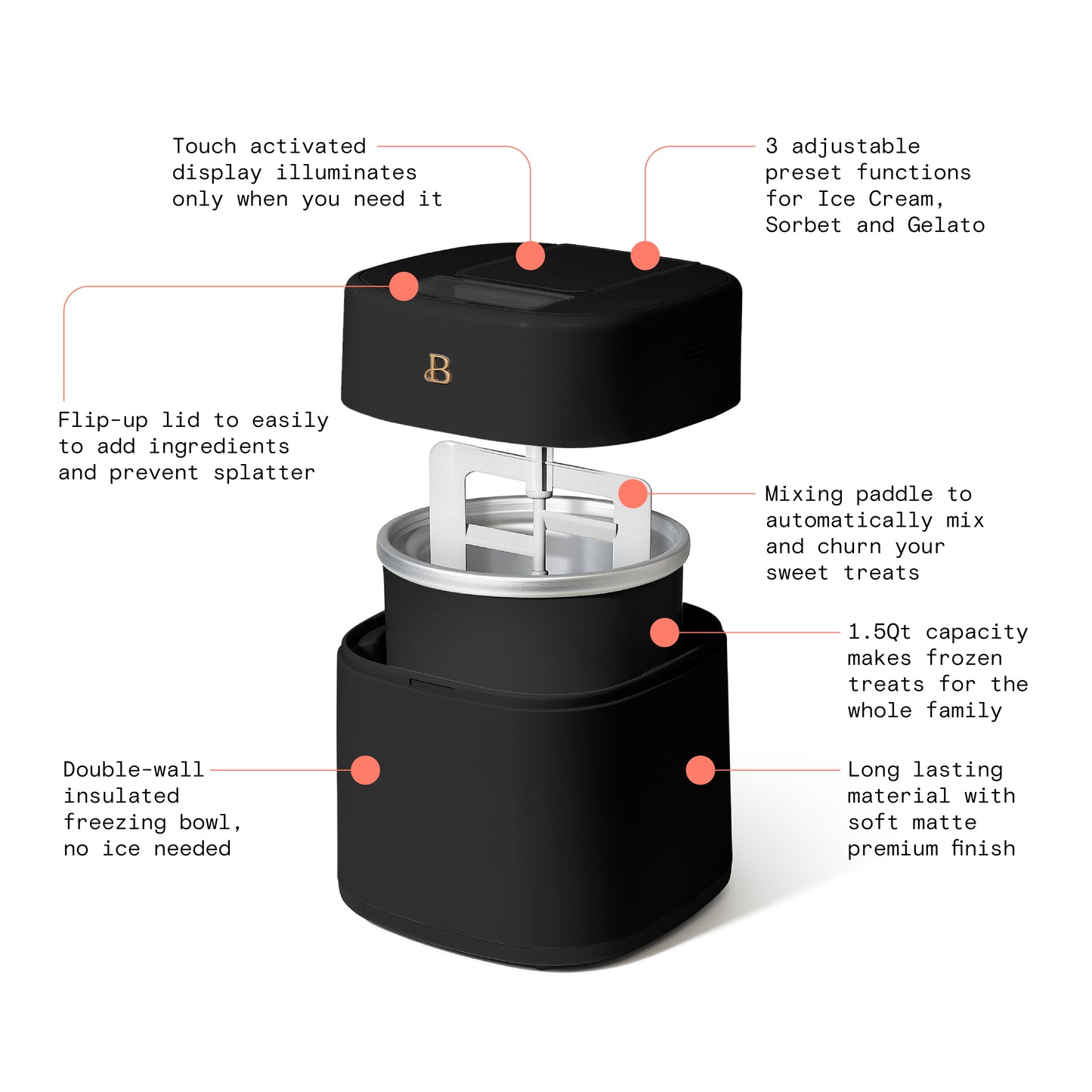 1.5 Qt Ice Cream Maker with Touch Activated Display, Black Sesame by Drew Barrymore