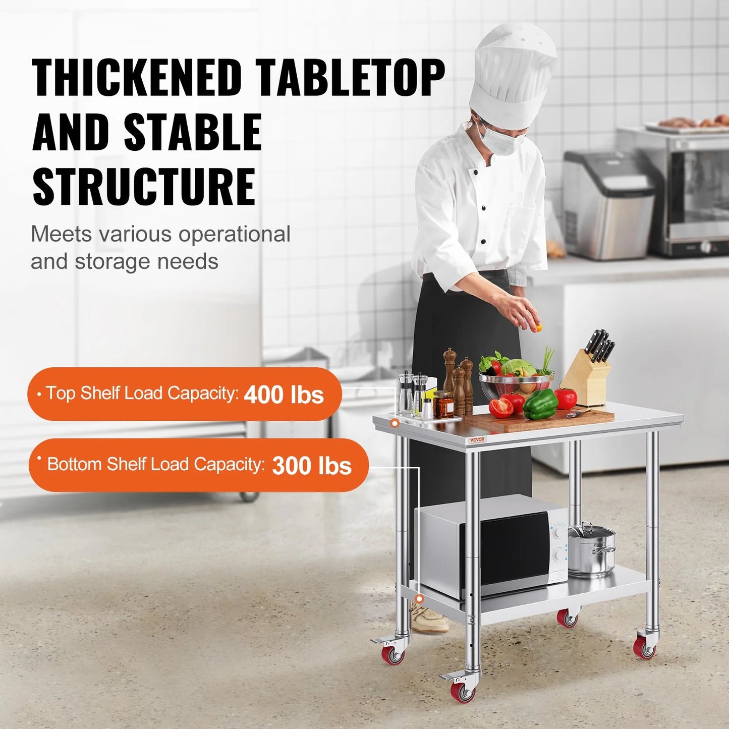 VEVOR Stainless Steel Work Table 36X24 Inch with 4 Wheels Commercial Food Prep Worktable with Casters Heavy Duty Work Table for Commercial Kitchen Restaurant