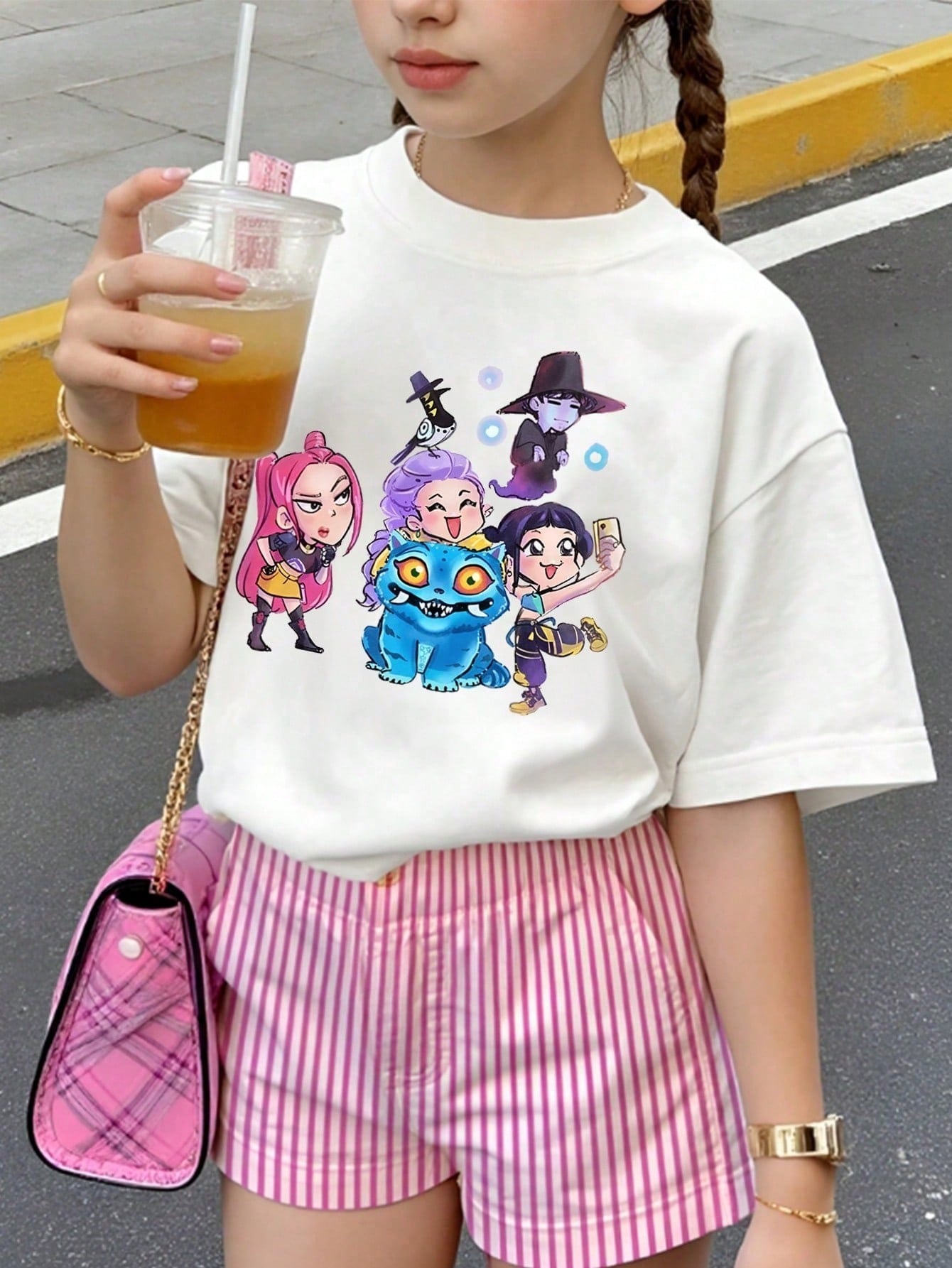 Huntrix Girls &Amp; Kids - Cute Kawaii Kp-Op Demon Hunters Graphic Tee With Rumi, Zoey, Mira - Vintage Huntrix Crewneck T-Shirt For Girls
