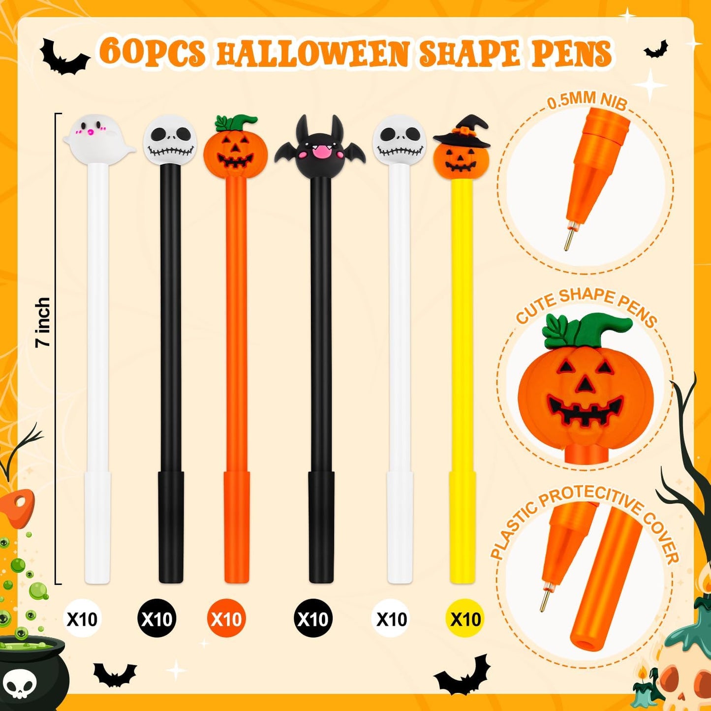 60 Pcs Halloween Pens, Pumpkin Skull Heads Ghost Bat Shape Pens, 0.5 MM Bulk Black Rollerball Pen for Halloween Thanksgiving Party Supplies School Office