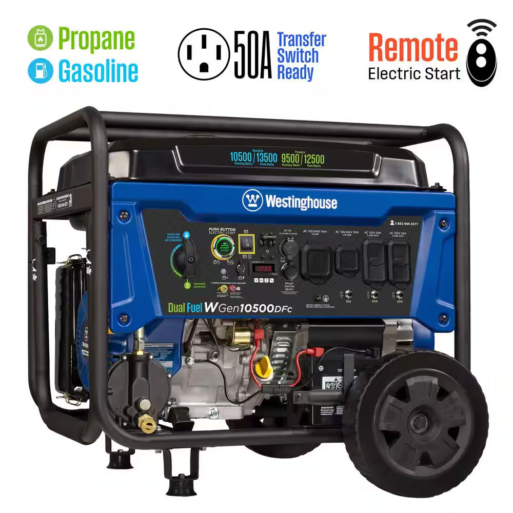 13,500-Watt/10,500-Watt Remote Start Dual Fuel Gas and Propane Portable Generator with 50A Outlet, CO Sensor