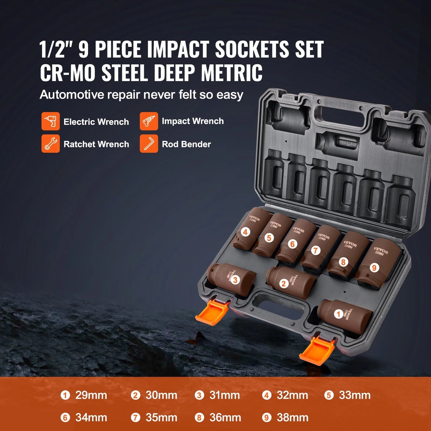 VEVOR 1/2 Drive Impact Socket Set, 9 Piece Deep Socket Set Metric 29-38Mm, 6 Point Cr-Mo Alloy Steel for Auto Repair, Easy-To-Read Size Markings, Rugged Construction, Includes Storage Case