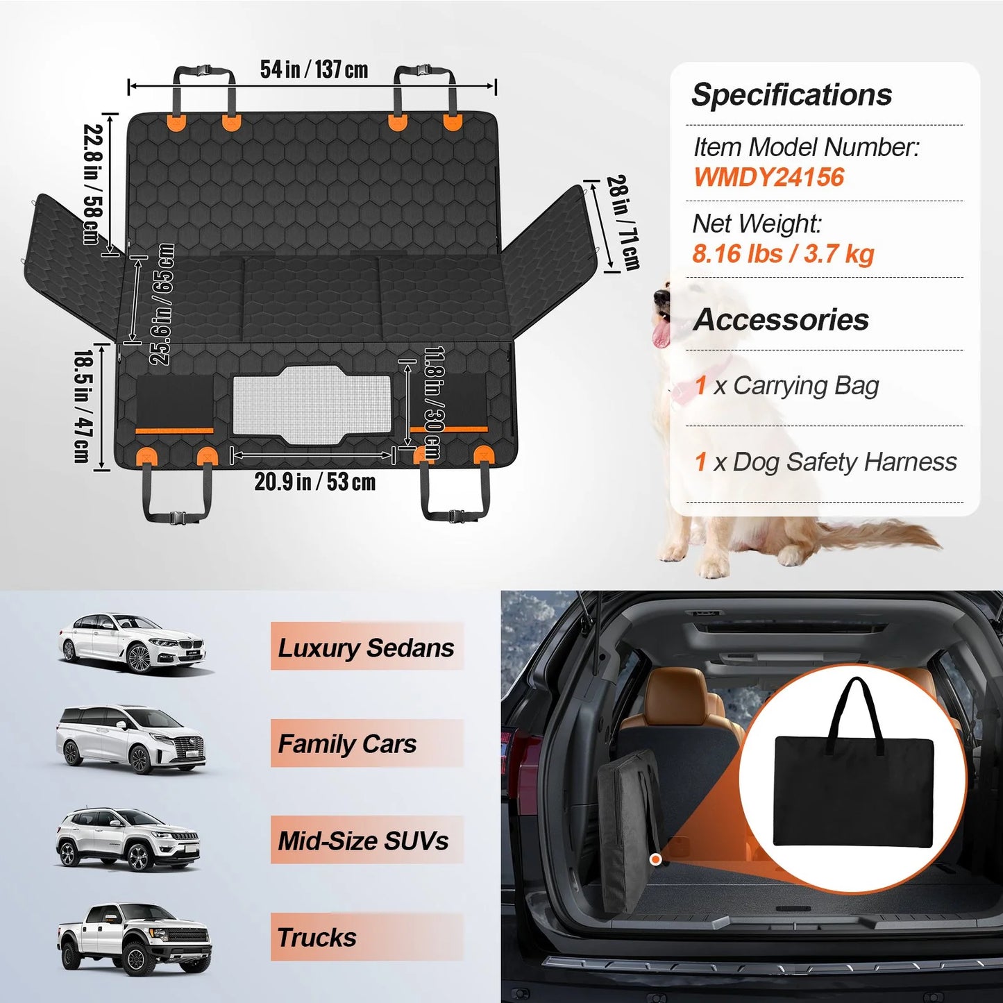 VEVOR 54 X 25.6 in Dog Car Seat Cover for Back Seat Waterproof 600D for Cars