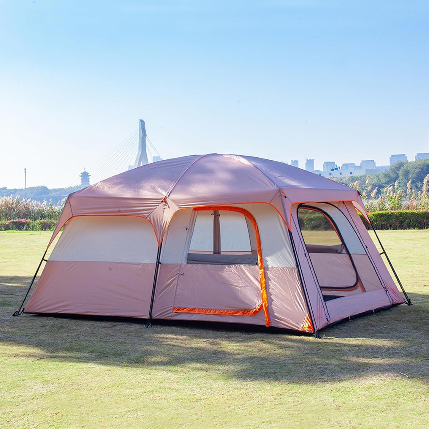 Extra Large Tent 10-12-14 Person(A),Family Cabin Tents,2 Rooms,3 Doors and 3 Windows with Mesh,Straight Wall,Waterproof,Double Layer,Big Tent for Outdoor,Picnic,Camping,Family Gathering