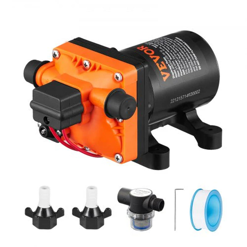 VEVOR Water Diaphragm Pump, 12V DC, 3.5 GPM Flow, 55 PSI Rated Pressure (40-80 PSI Adjustable), 1/2 MNPT Self Priming Sprayer Pump with Pressure Switch for RV Camper Marine Boat Lawn, FCC Certified
