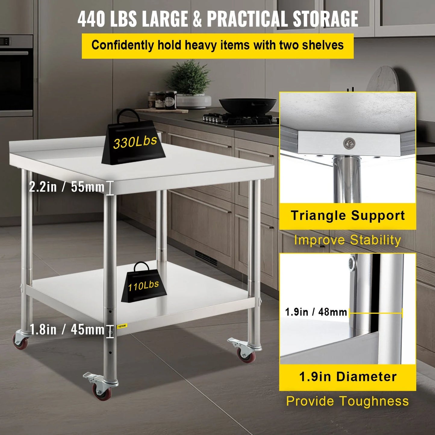 VEVOR Stainless Steel Prep Table, 36 X 24 X 35 Inch, 440Lbs Load Capacity Heavy Duty Metal Worktable with Backsplash Adjustable Undershelf & 4 Casters, Commercial Workstation for Kitchen Restaurant