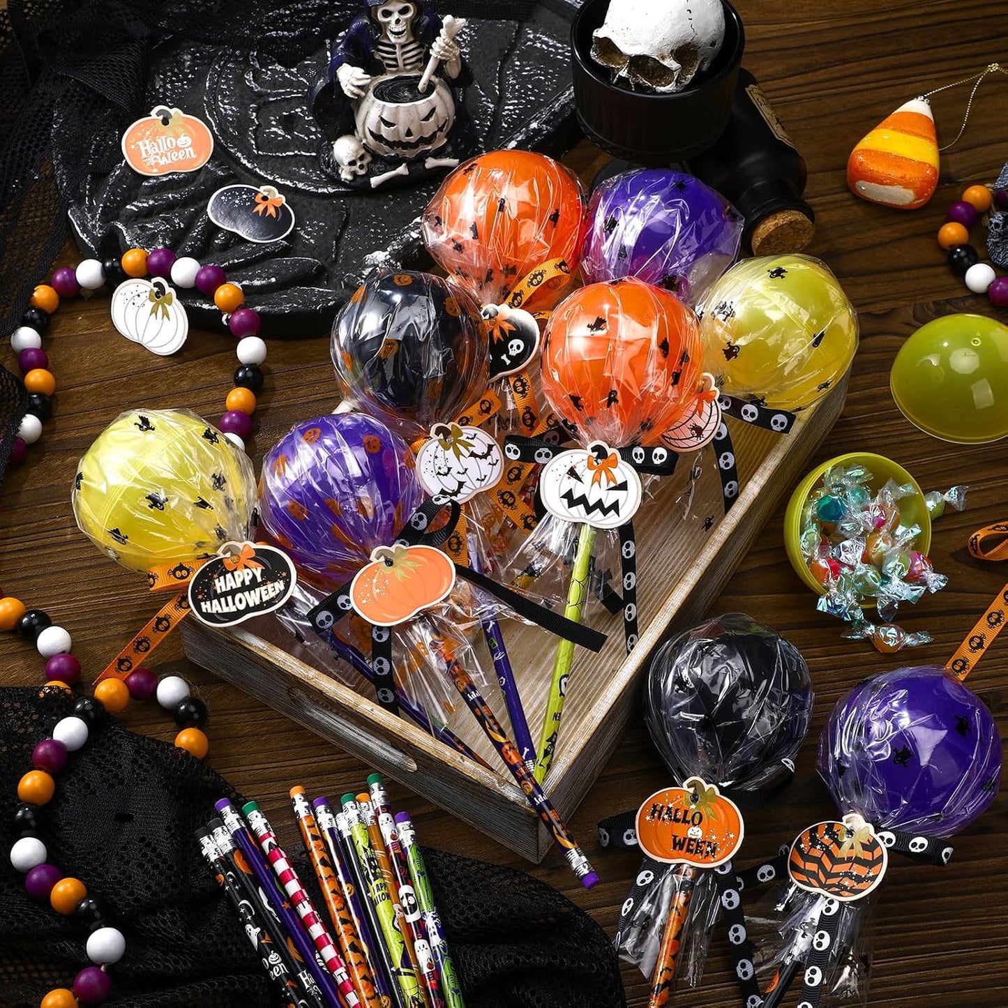 96 Pcs Halloween Trick or Treat Container Party Supplies Halloween Pencil Giant Lollipop Shape Stationery Candy Fillable Hold Plastic Lollipop Storage with Pencil for Classroom Gifts