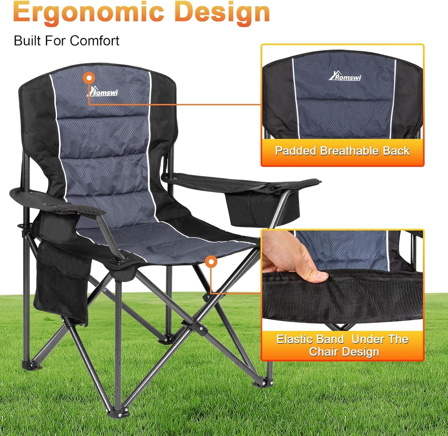 Oversized Camping Chairs,Heavy Duty Support 500 Lbs,Padded Back & Arm Sport Chairs, Cup Holder Cooler Bag, Collapsible Folding Chairs for Outdoor, Fishing & Garden, Black,2-Pack