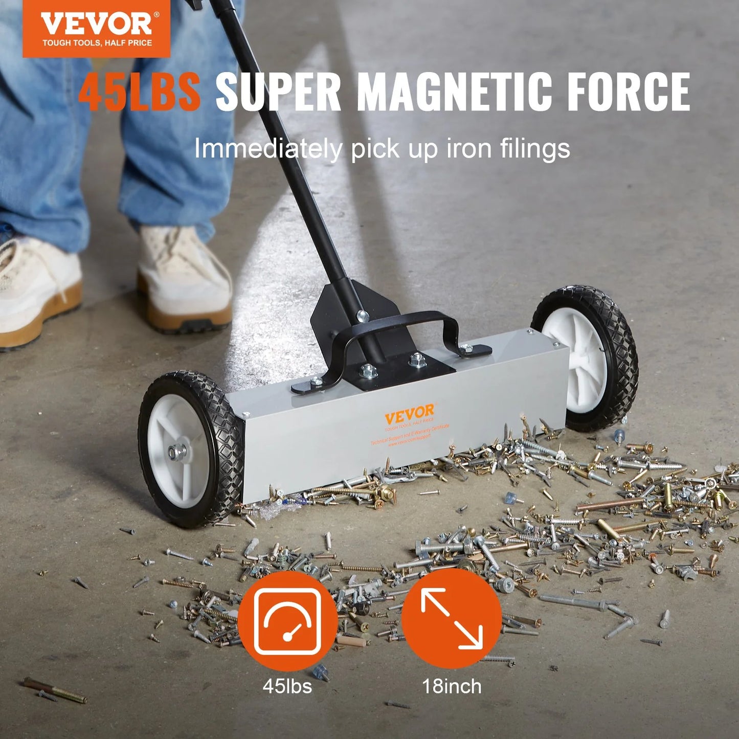 VEVOR 45Lbs Rolling Magnetic Sweeper with Wheels, Push-Type Magnetic Pick up Sweeper, 18-Inch Large Magnet Pickup Lawn Sweeper, Magnet with Telescoping Handle, Easy Cleanup of Workshop Garage Yard