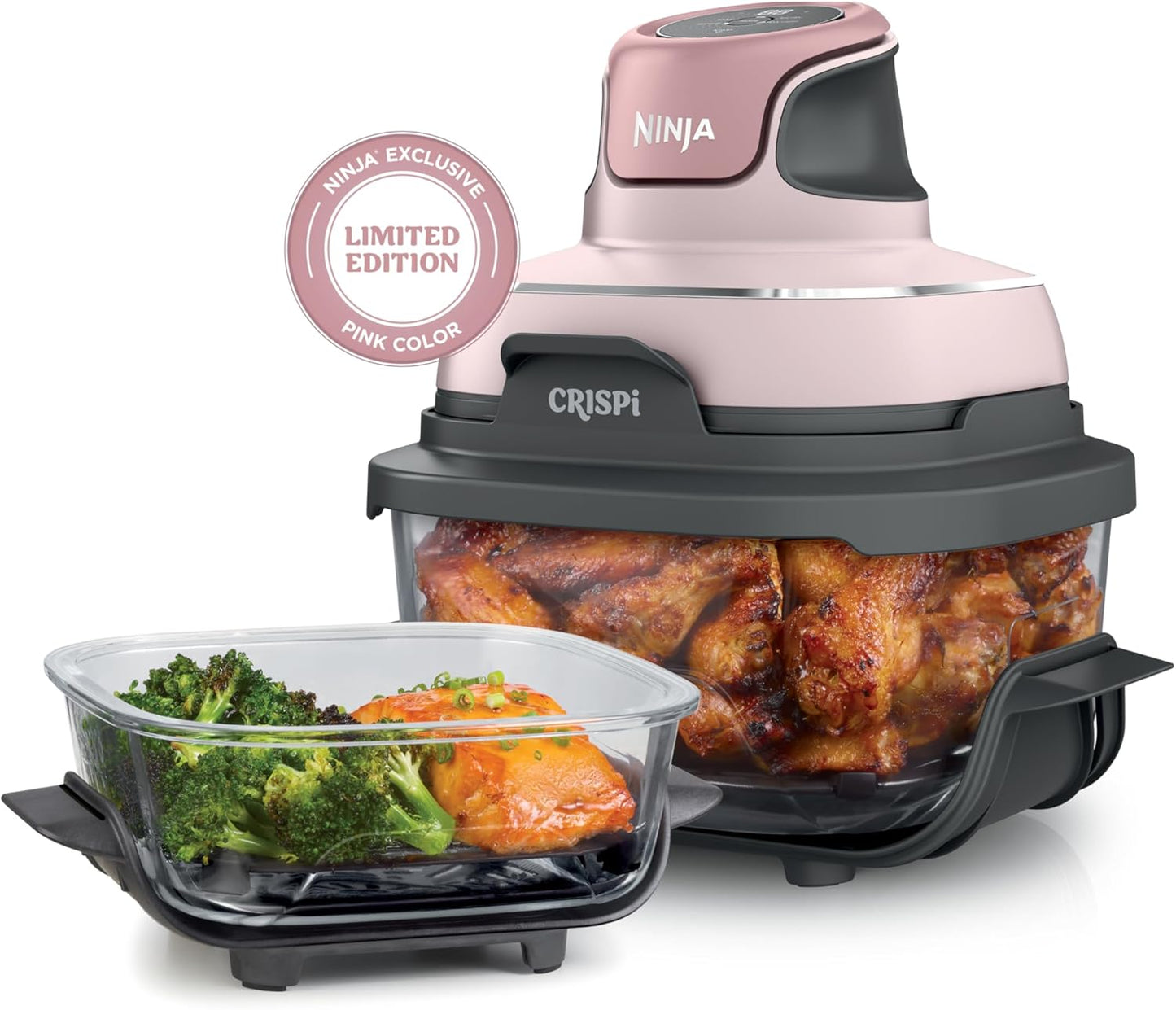 Crispi 4-In-1 Portable Glass Air Fryer Cooking System, 4 QT & 6 Cup Glass Containers with Storage Lids, Easy Meals, Microwave, Freezer & Dishwasher Safe, Air Fry, Bake, & More, Pink, FN101PK