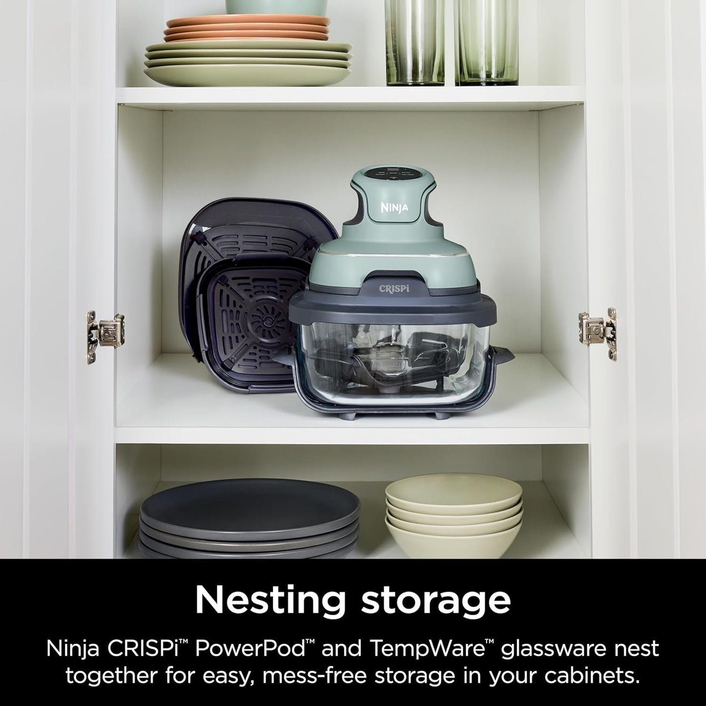 Crispi Air Fryer, Microwave, Freezer & Dishwasher Safe, Non Toxic Glass Portable Cooking System, 4 QT & 6 Cup Glass Containers with Storage Lids, Easy Meals, Air Fry, Bake, Green, FN101SG
