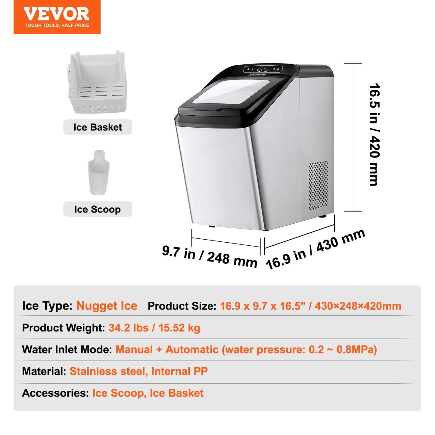 VEVOR Countertop Ice Maker, 30Lbs in 24Hrs, Auto Self-Cleaning Portable Ice Maker with Ice Scoop, Basket and Drainpipe, 2 Ways Water Refill Stainless Steel Ice Machine for Home Kitchen Office Party