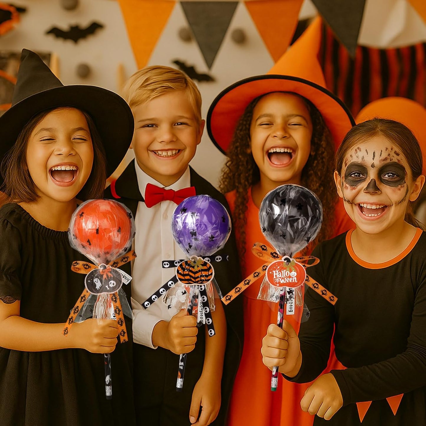96 Pcs Halloween Trick or Treat Container Party Supplies Halloween Pencil Giant Lollipop Shape Stationery Candy Fillable Hold Plastic Lollipop Storage with Pencil for Classroom Gifts