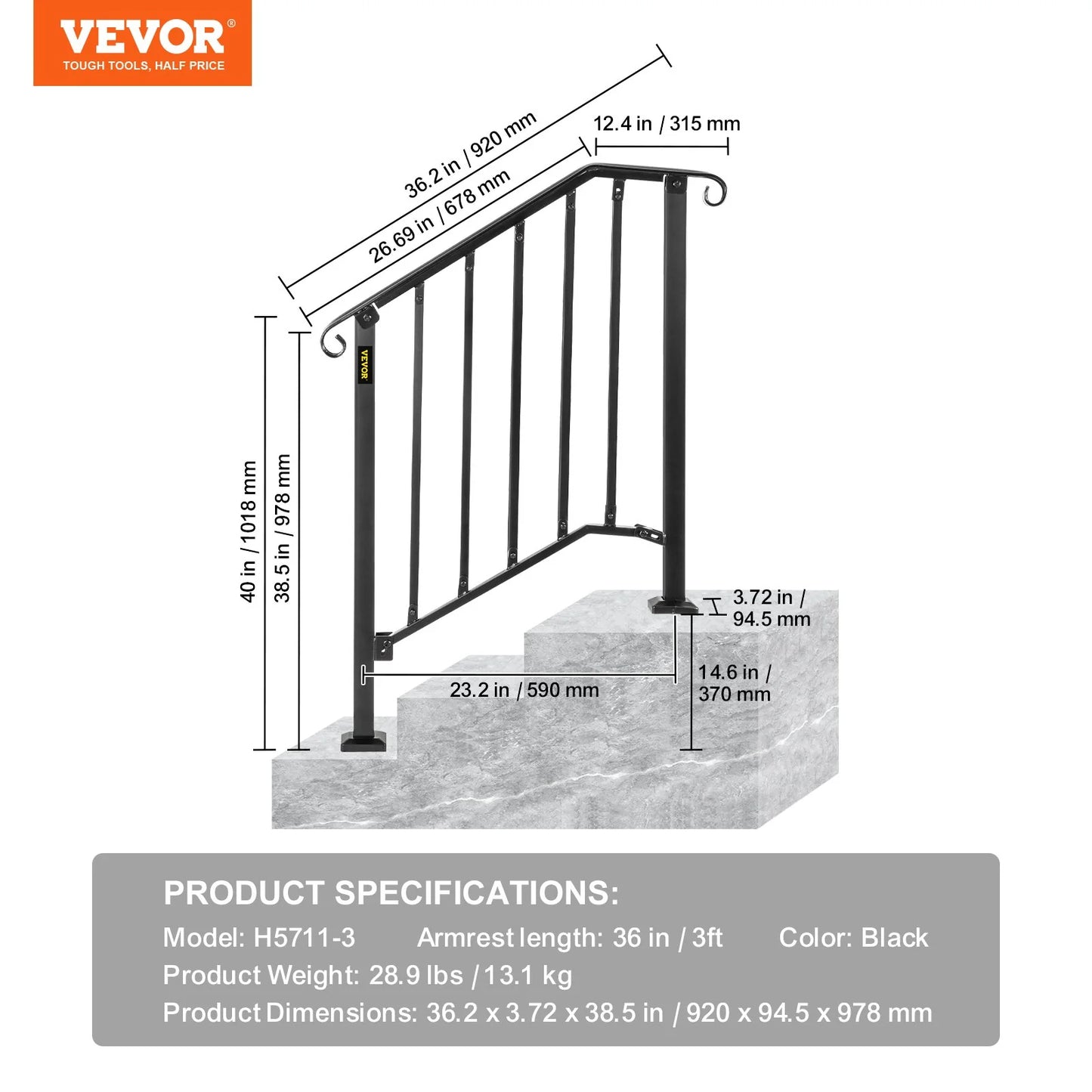 VEVOR Handrails for Outdoor Steps, Fit 2 or 3 Steps Outdoor Stair Railing, Picket#2 Wrought Iron Handrail, Flexible Porch Railing, Black Transitional Handrails for Concrete Steps or Wooden Stairs