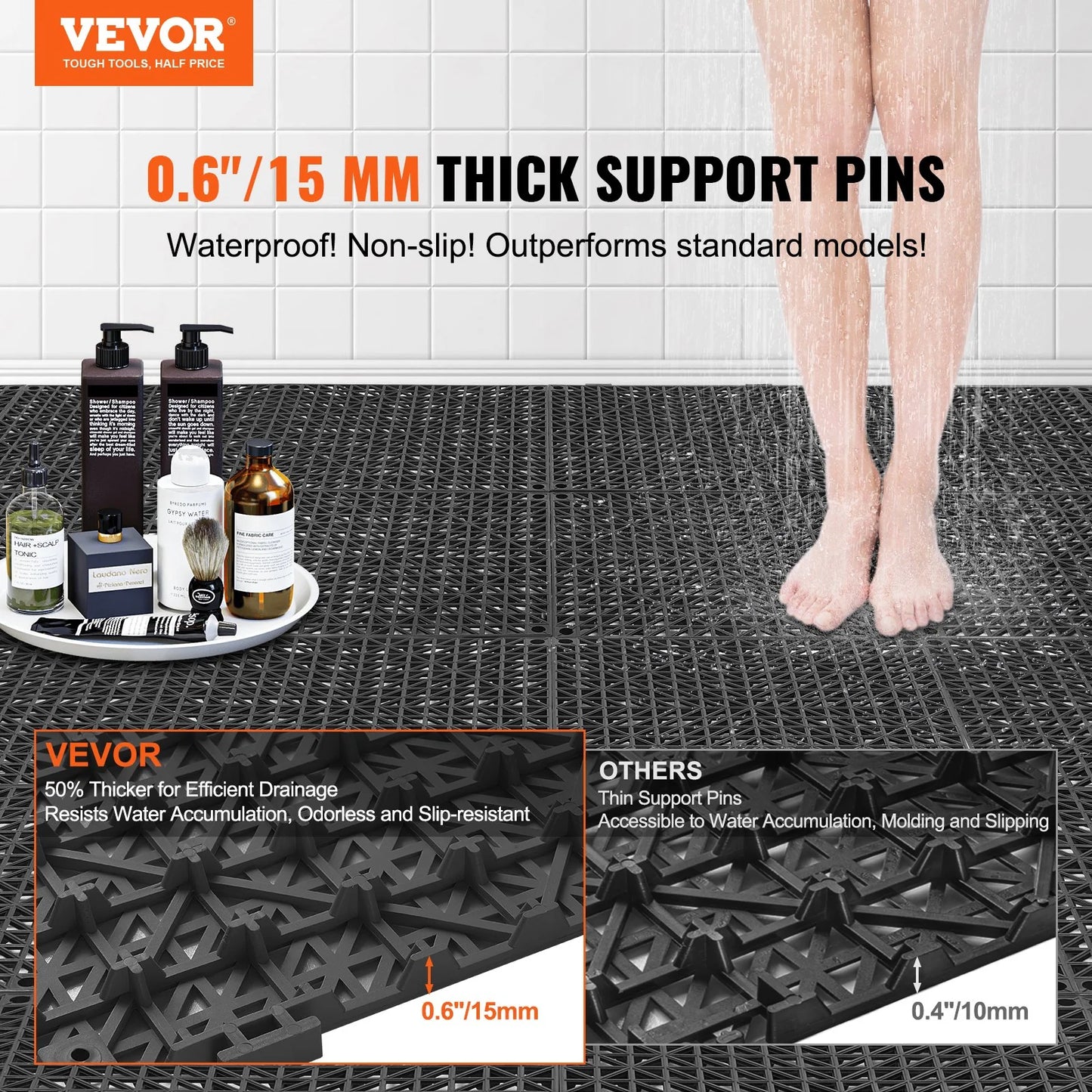 VEVOR Interlocking Tile 50PCS Black, Drainage Tiles 12 X 12 Splicing, Soft PVC Interlocking Drainage Floor Tiles, Non-Slip Drainage Holes for Restroom, Bathroom, Kitchen, Pool, Wet Areas