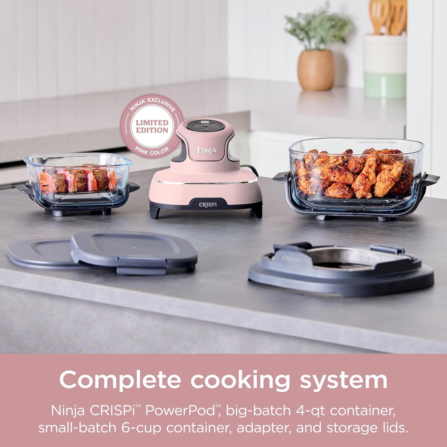 Crispi 4-In-1 Portable Glass Air Fryer Cooking System, 4 QT & 6 Cup Glass Containers with Storage Lids, Easy Meals, Microwave, Freezer & Dishwasher Safe, Air Fry, Bake, & More, Pink, FN101PK