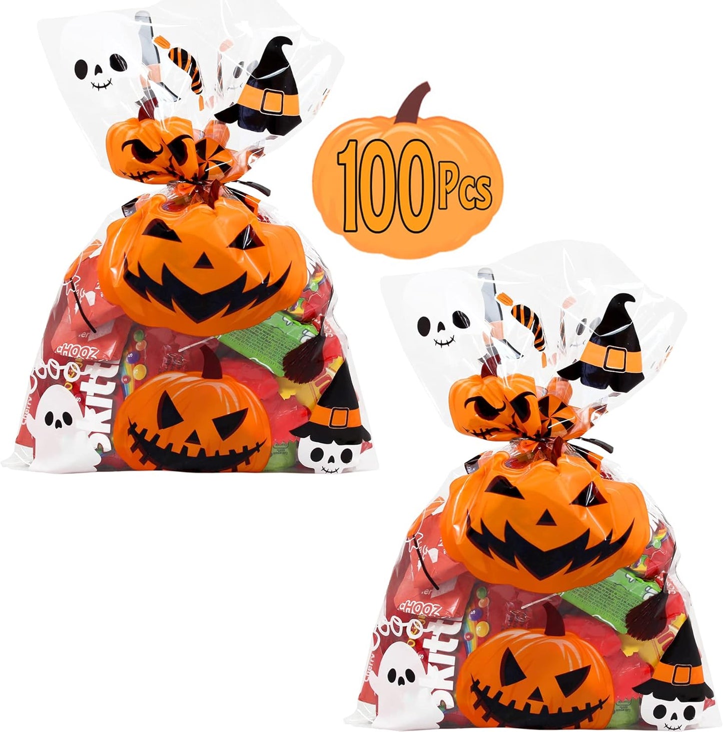 Halloween Treat Bags | 100 Pcs (6” X 9” Inch) |2.5 Mil Crystal Clear Cellophane Bags with Fun Scary Designs | Pumpkins, Witches Cello Bags | Halloween Party Decorations, Spooky Treat Bags