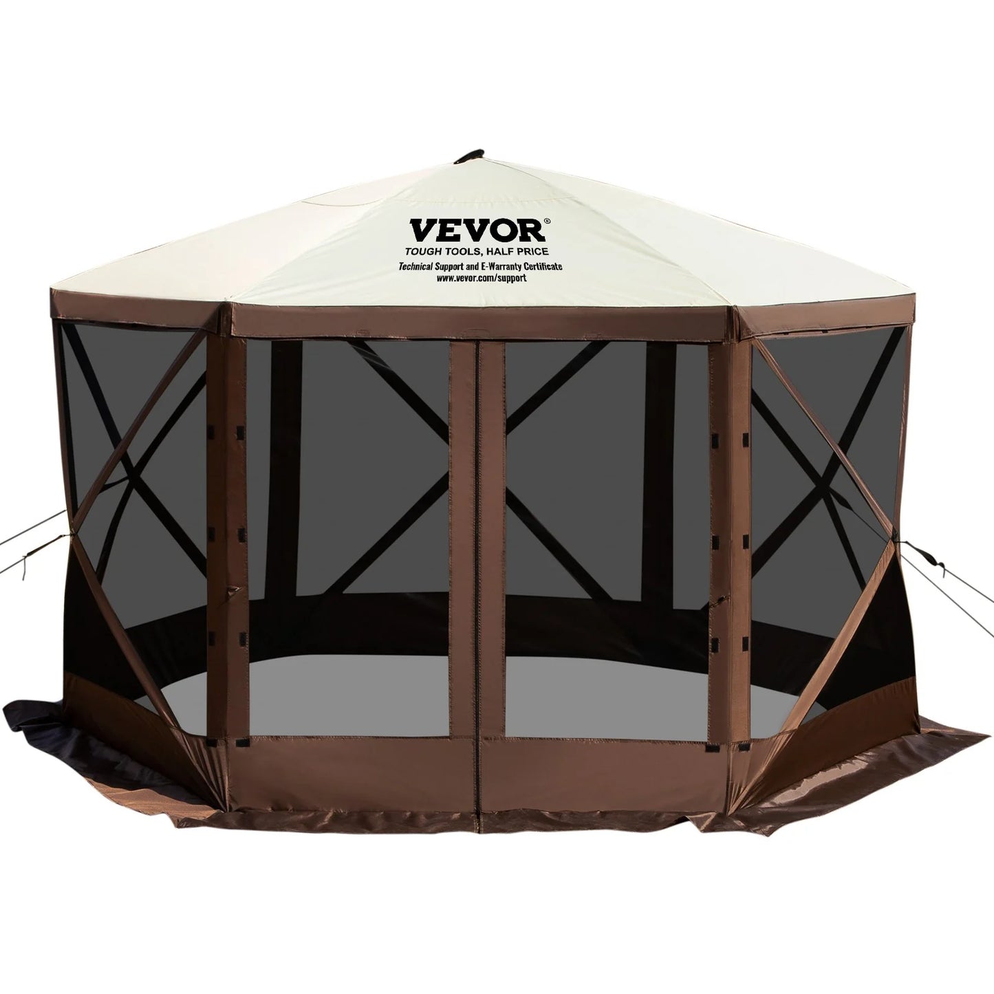 VEVOR Camping Gazebo Screen Tent, 12*12Ft, 6 Sided Pop-Up Canopy Shelter Tent with Mesh Windows, Portable Carry Bag, Stakes, Large Shade Tents for Outdoor Camping, Lawn and Backyard, Brown/Beige