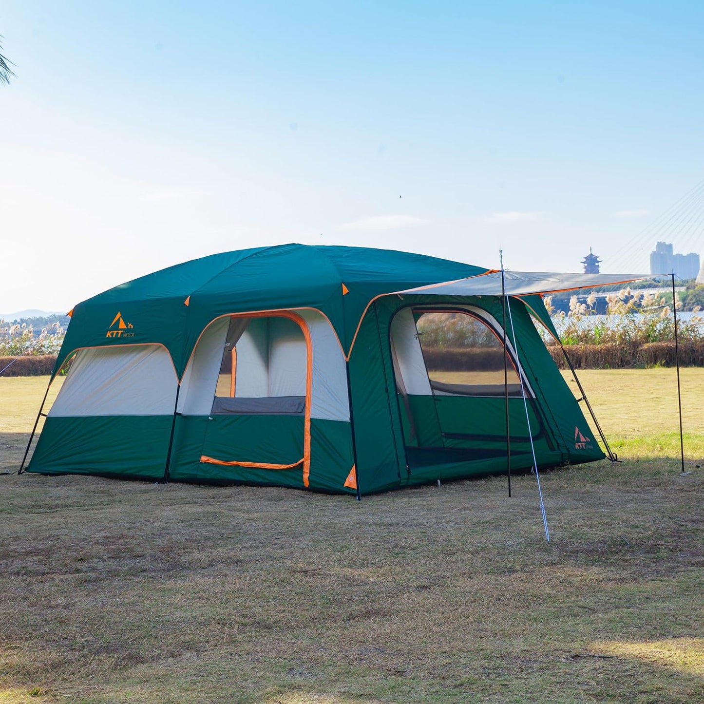 Extra Large Tent 10-12-14 Person(A),Family Cabin Tents,2 Rooms,3 Doors and 3 Windows with Mesh,Straight Wall,Waterproof,Double Layer,Big Tent for Outdoor,Picnic,Camping,Family Gathering