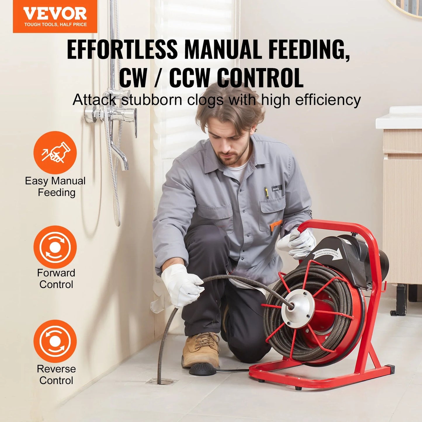 VEVOR Drain Cleaner Machine Drain Auger 75FT X 1/2 Inch Manual Feed & 4 Cutters