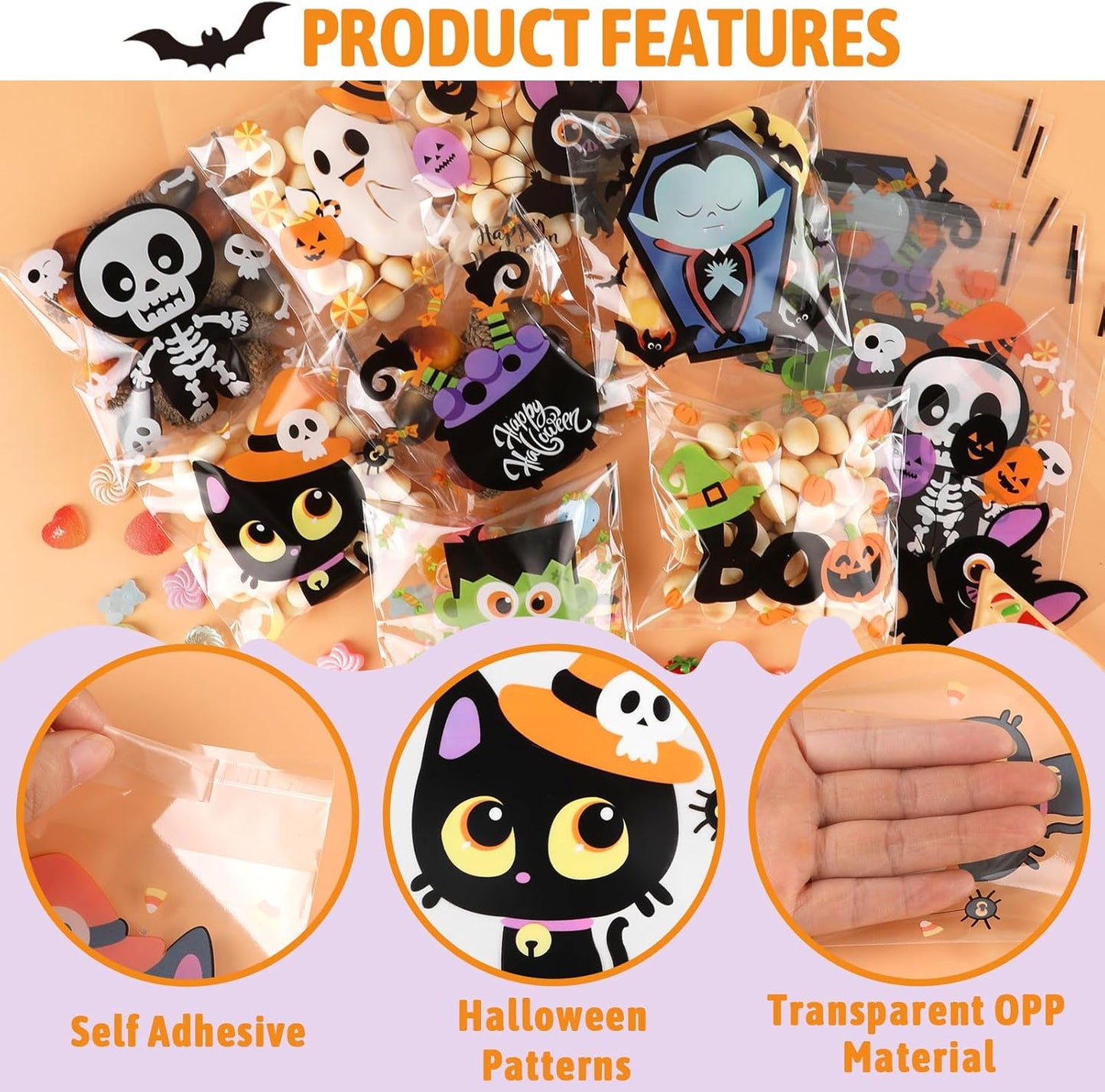 240Pcs Halloween Cellophane Treat Bags Self Adhesive Clear Cookie Bags Self Sealing Transparent Cello Candy Bags Self-Adhesive Plastic Goody Snacks Gift Bags for Halloween Party Favors