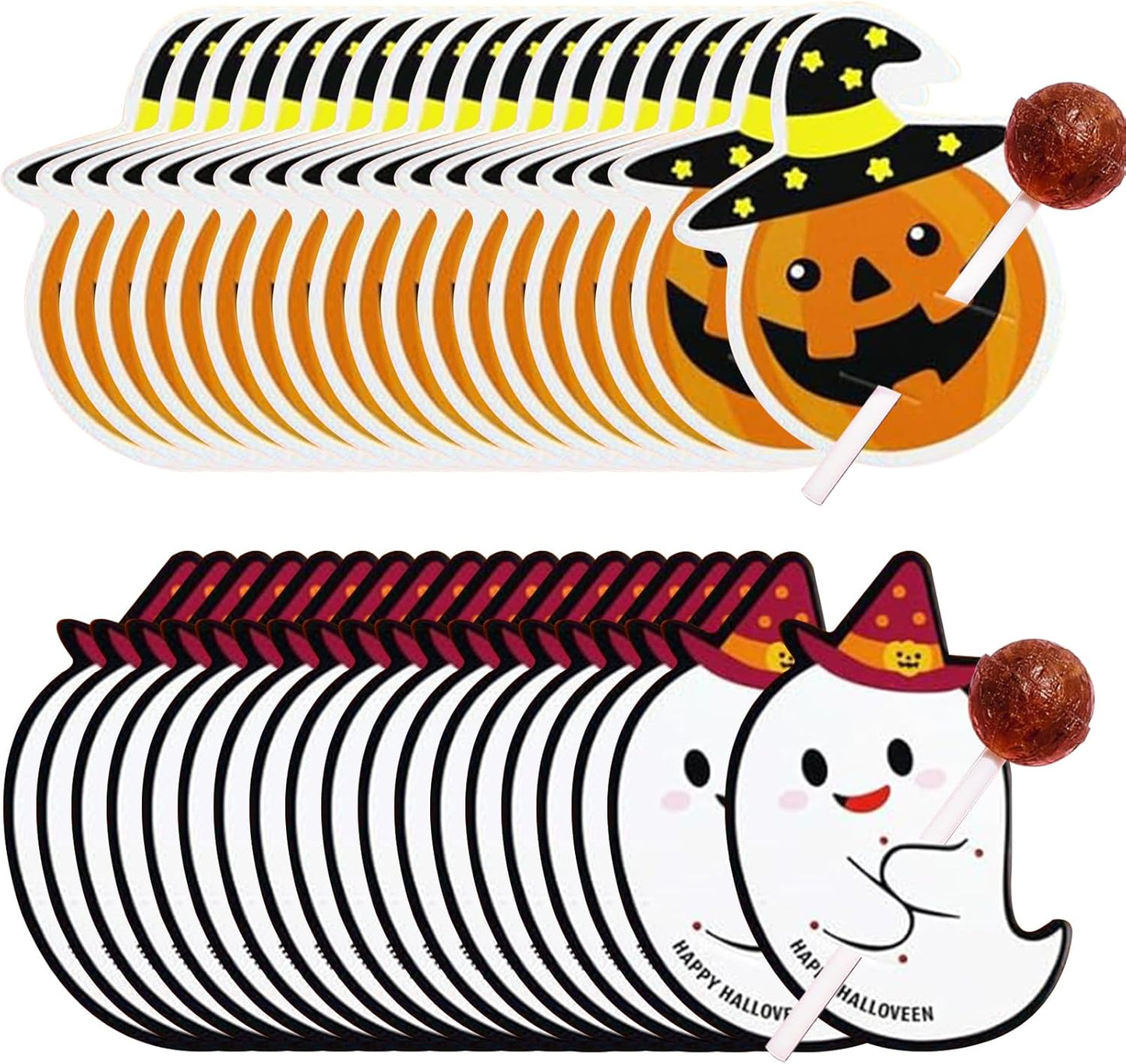 100 Pcs Halloween Lollipop Jam Chocolate Candy Holder Paper Cards Creative DIY Pumpkin Ghost Sugar Card Wrapping for Halloween Party Gift Accessories Decorations