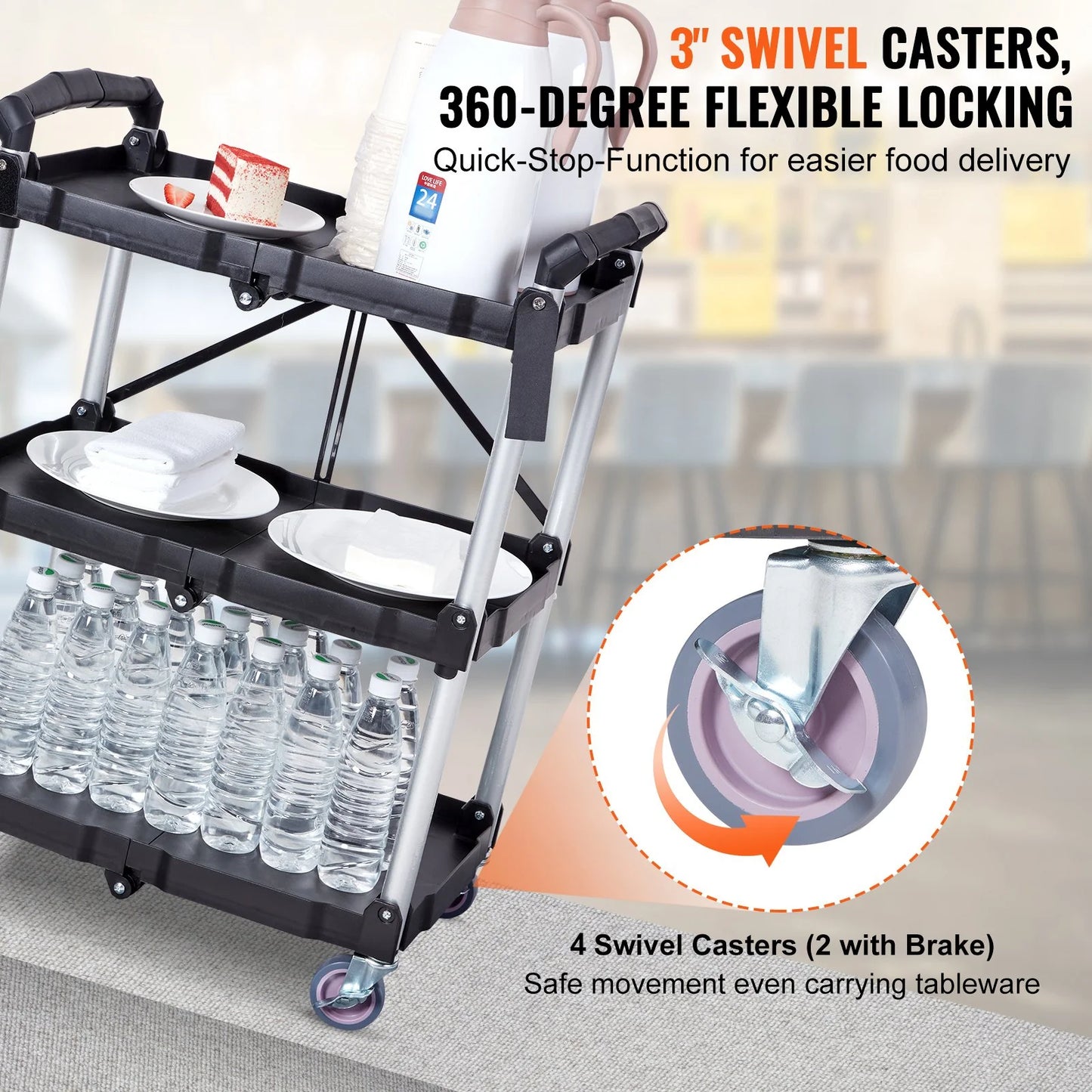 VEVOR Foldable Utility Service Cart, 3 Shelf 165LBS Heavy Duty Plastic Rolling Cart with Lockable Wheels, Ergonomic Handle, Portable Garage Tool Cart for Warehouse/Office/Home(25.62X15.43X32.76)
