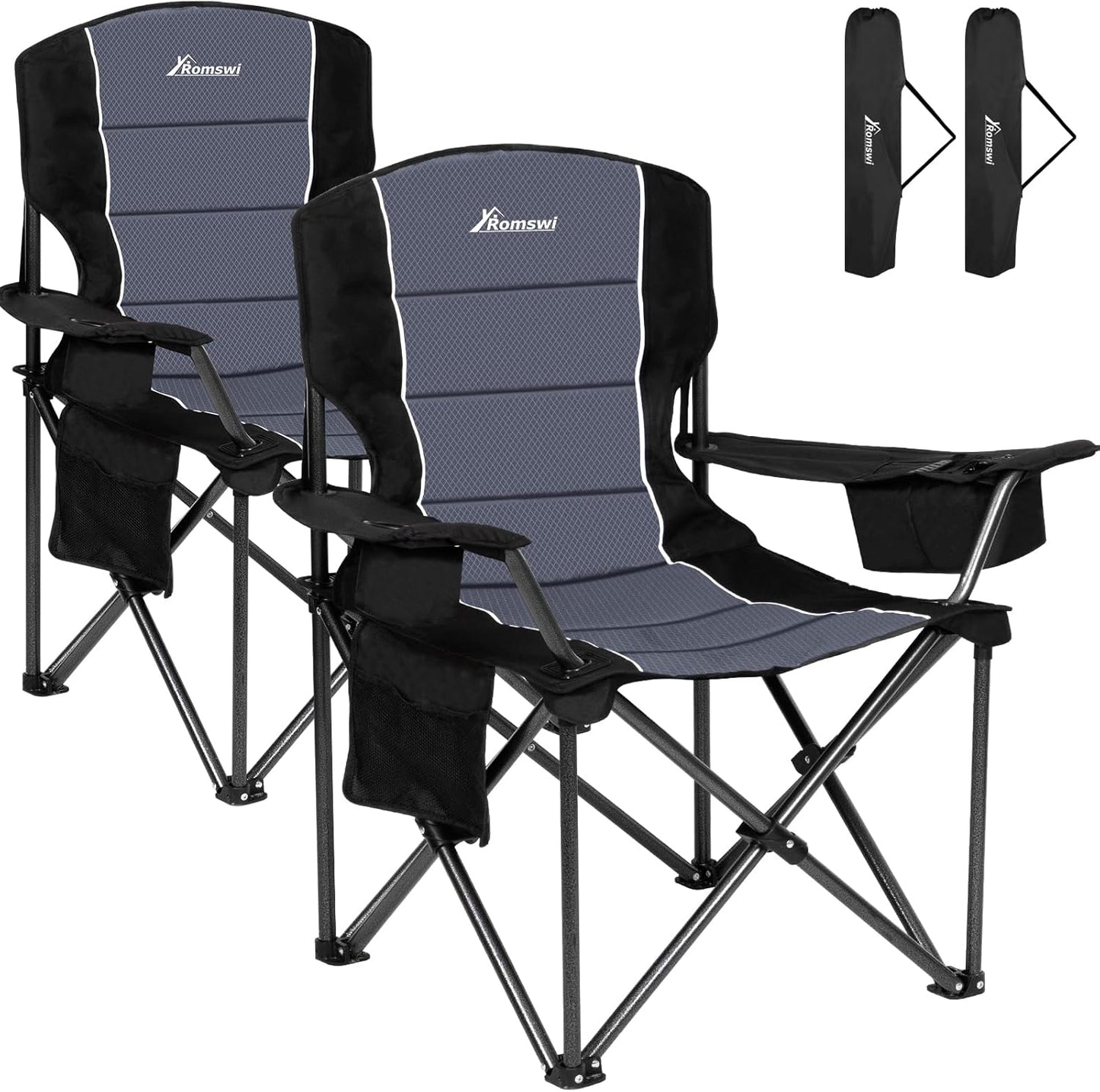 Oversized Camping Chairs,Heavy Duty Support 500 Lbs,Padded Back & Arm Sport Chairs, Cup Holder Cooler Bag, Collapsible Folding Chairs for Outdoor, Fishing & Garden, Black,2-Pack