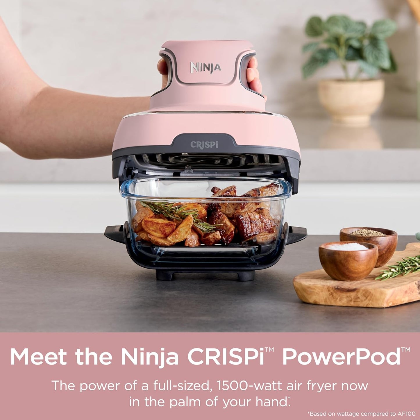 Crispi 4-In-1 Portable Glass Air Fryer Cooking System, 4 QT & 6 Cup Glass Containers with Storage Lids, Easy Meals, Microwave, Freezer & Dishwasher Safe, Air Fry, Bake, & More, Pink, FN101PK