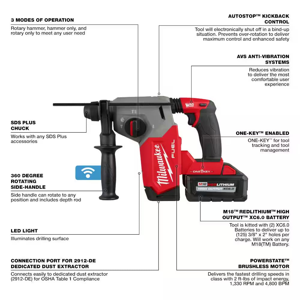 M18 FUEL ONE-KEY 18V Lithium-Ion Brushless Cordless 1 In. Sds-Plus Rotary Hammer W/Dust Extractor Kit
