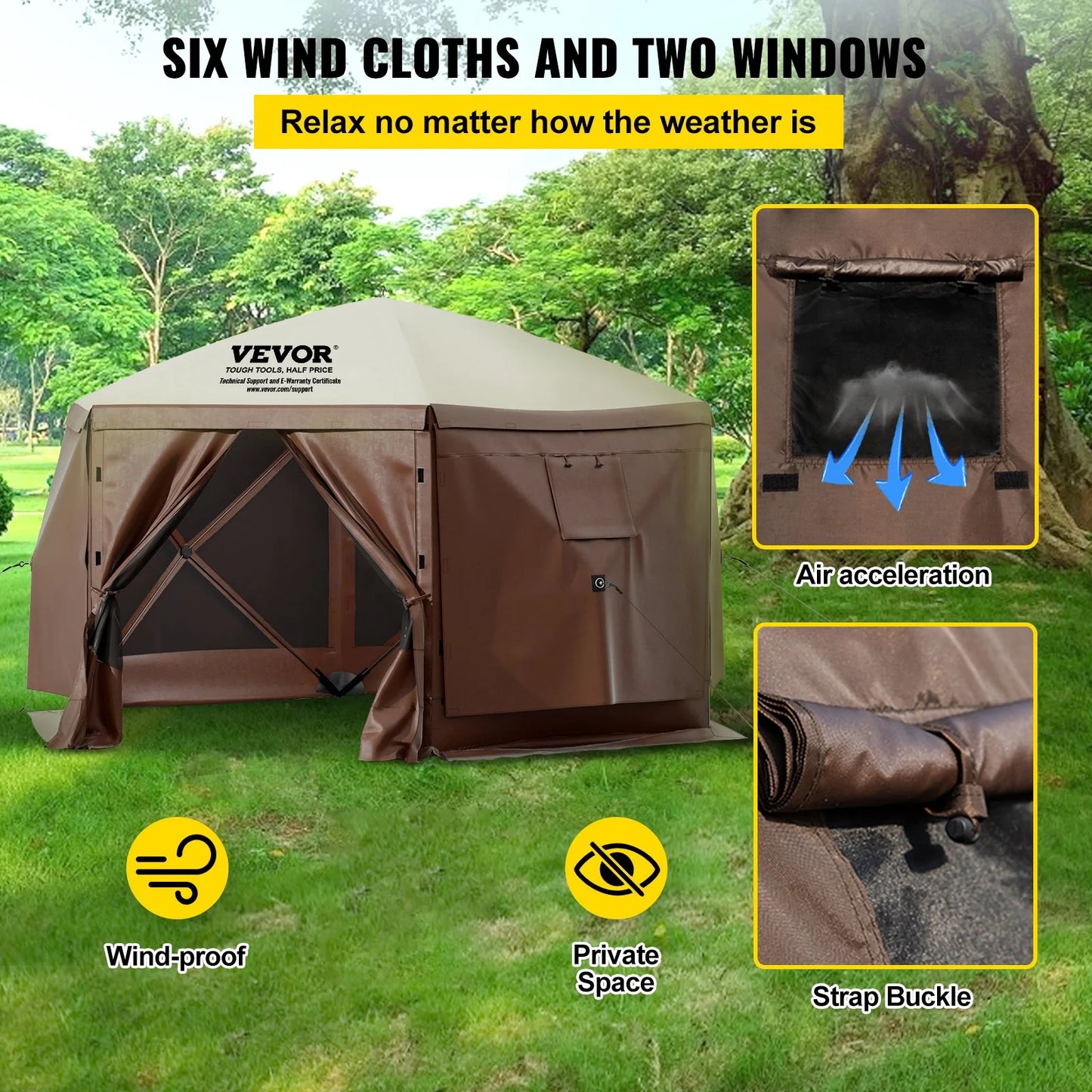 VEVOR Camping Gazebo Screen Tent, 12*12Ft, 6 Sided Pop-Up Canopy Shelter Tent with Mesh Windows, Portable Carry Bag, Stakes, Large Shade Tents for Outdoor Camping, Lawn and Backyard, Brown/Beige