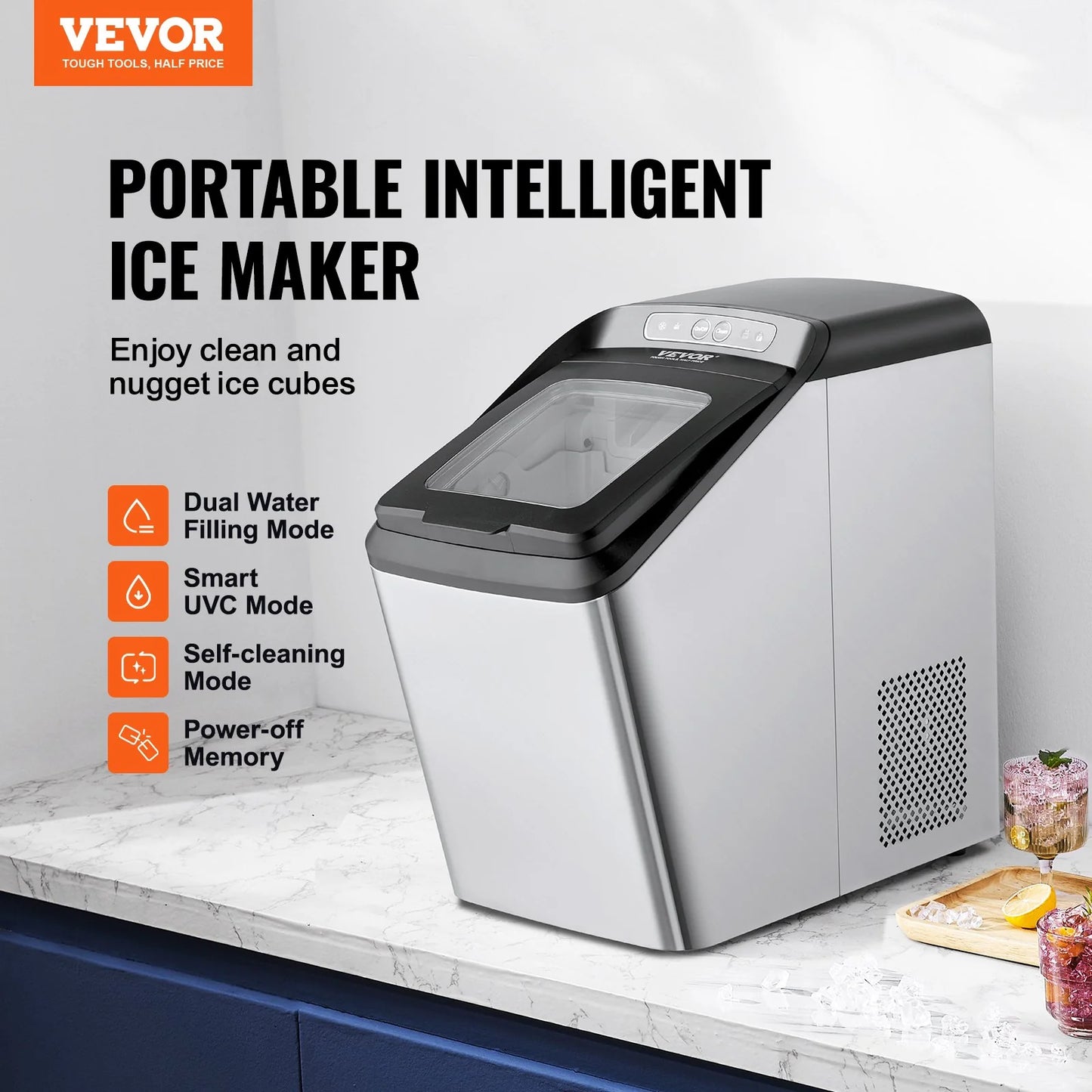 VEVOR Countertop Ice Maker, 30Lbs in 24Hrs, Auto Self-Cleaning Portable Ice Maker with Ice Scoop, Basket and Drainpipe, 2 Ways Water Refill Stainless Steel Ice Machine for Home Kitchen Office Party