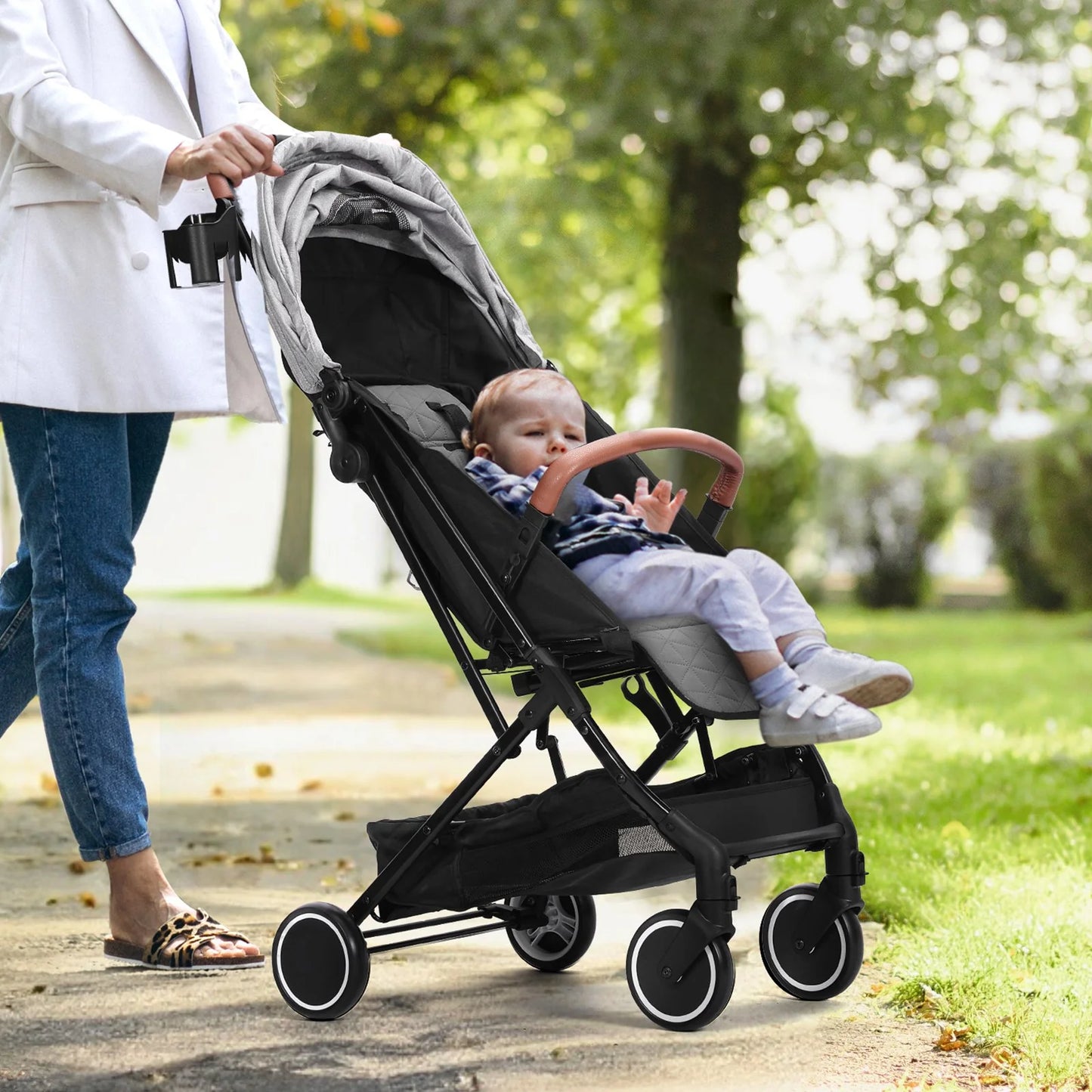 VEVOR Standard Baby Infant Stroller, Toddler Stroller with 95¡Ã-150¡Ã Adjustable Backrest & & 0/90¡Ãadjustable Footrest & One-Click Folding, Newborn Stroller with Cup Holder and Carry Bag, Light Grey