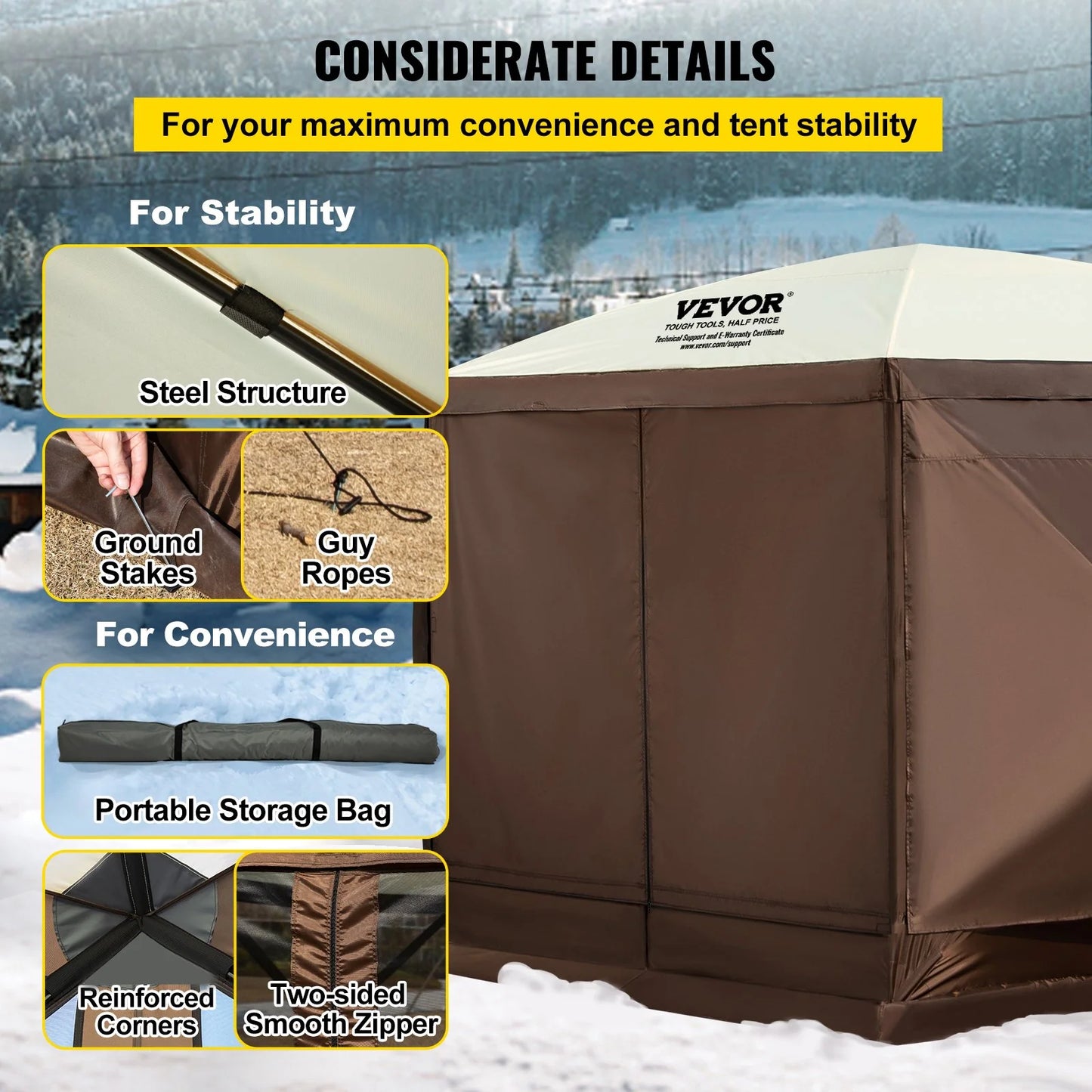 VEVOR Camping Gazebo Screen Tent, 12*12Ft, 6 Sided Pop-Up Canopy Shelter Tent with Mesh Windows, Portable Carry Bag, Stakes, Large Shade Tents for Outdoor Camping, Lawn and Backyard, Brown/Beige