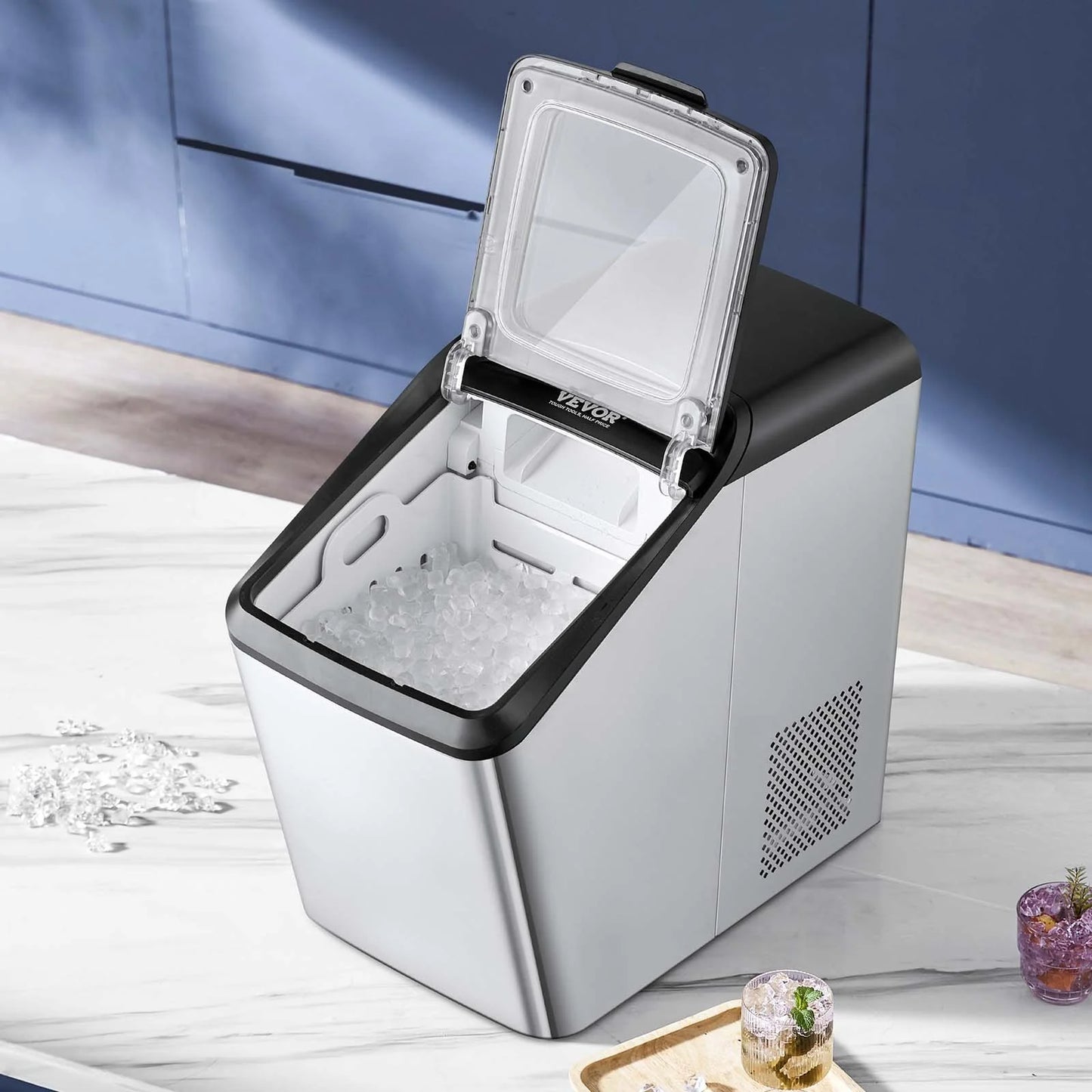 VEVOR Countertop Ice Maker, 30Lbs in 24Hrs, Auto Self-Cleaning Portable Ice Maker with Ice Scoop, Basket and Drainpipe, 2 Ways Water Refill Stainless Steel Ice Machine for Home Kitchen Office Party