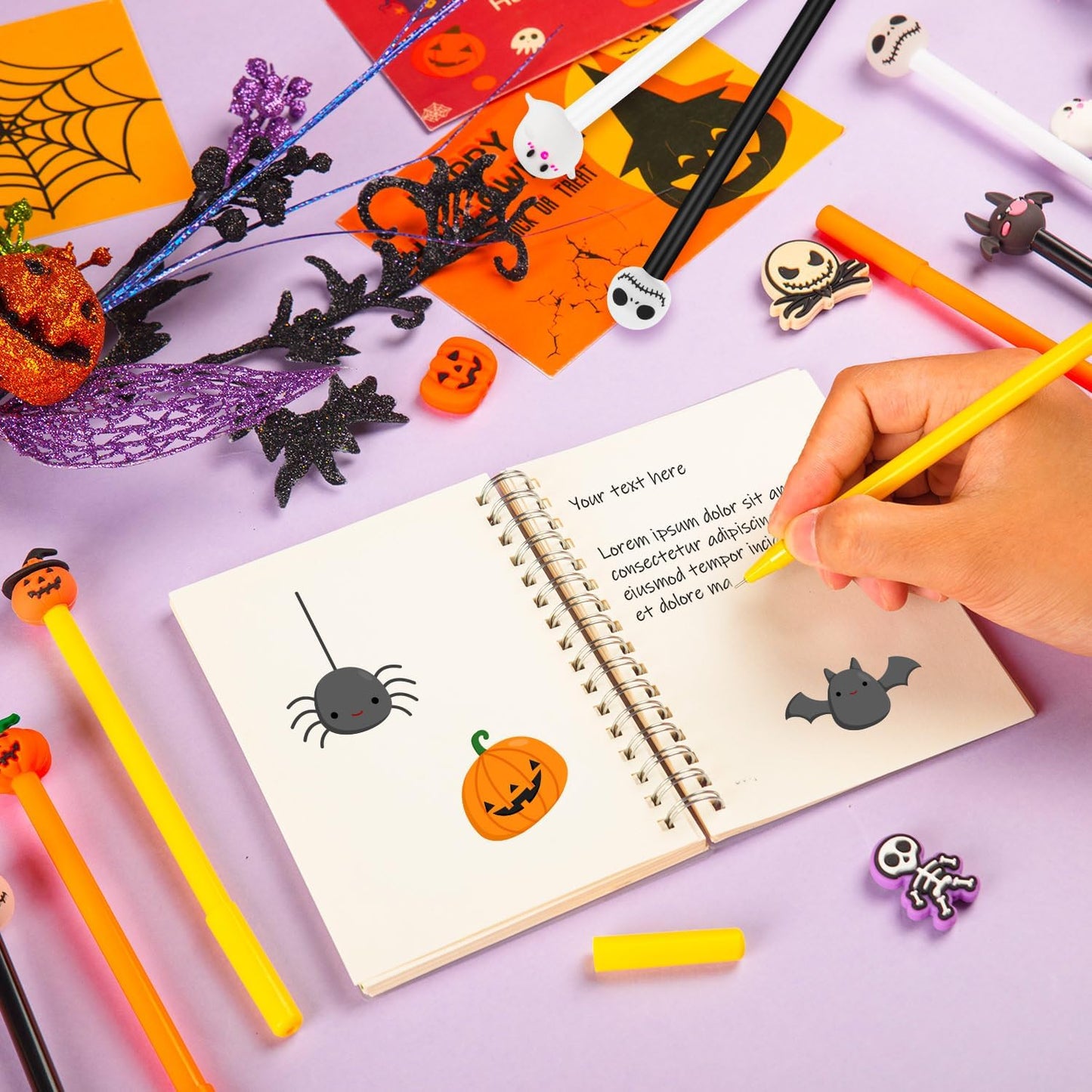60 Pcs Halloween Pens, Pumpkin Skull Heads Ghost Bat Shape Pens, 0.5 MM Bulk Black Rollerball Pen for Halloween Thanksgiving Party Supplies School Office