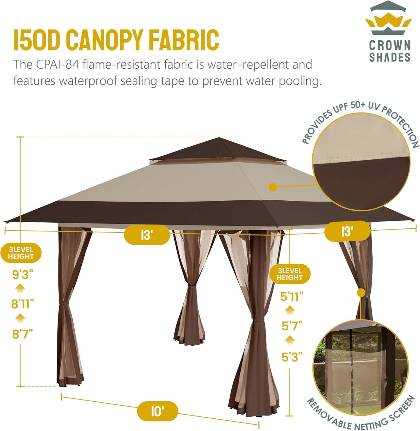 13X13 Pop up Gazebo, Canopy Tent, Gazebos on Clearance - Outdoor Gazebo for Backyard & Patio Furniture - Carpa Pop up Tent with Wheeled Sto-N-Go Cover Bag (Beige & Coffee)