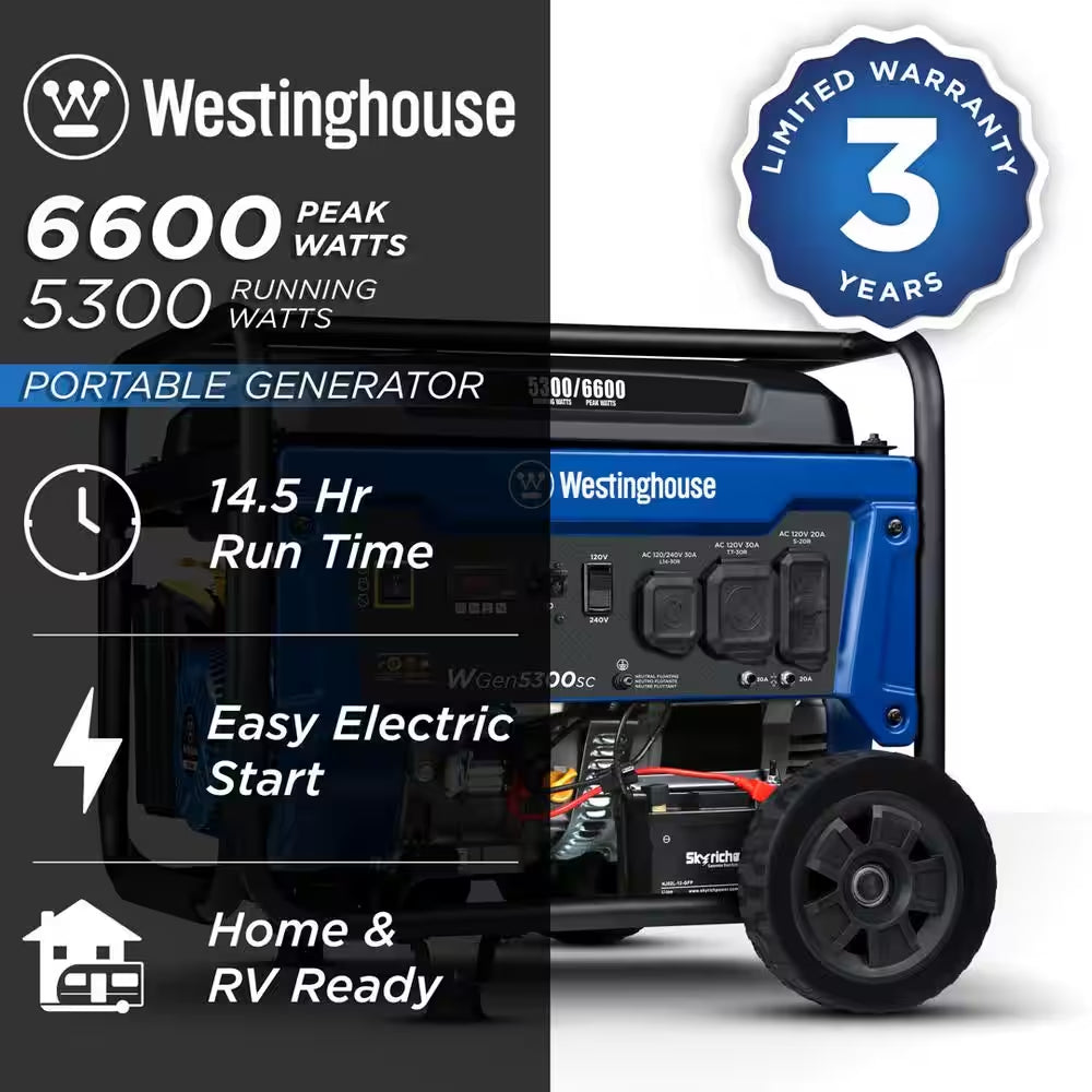 6,600/5,300-Watt Gas Powered Portable Generator with Electric Start, 30A 120/240V Outlet