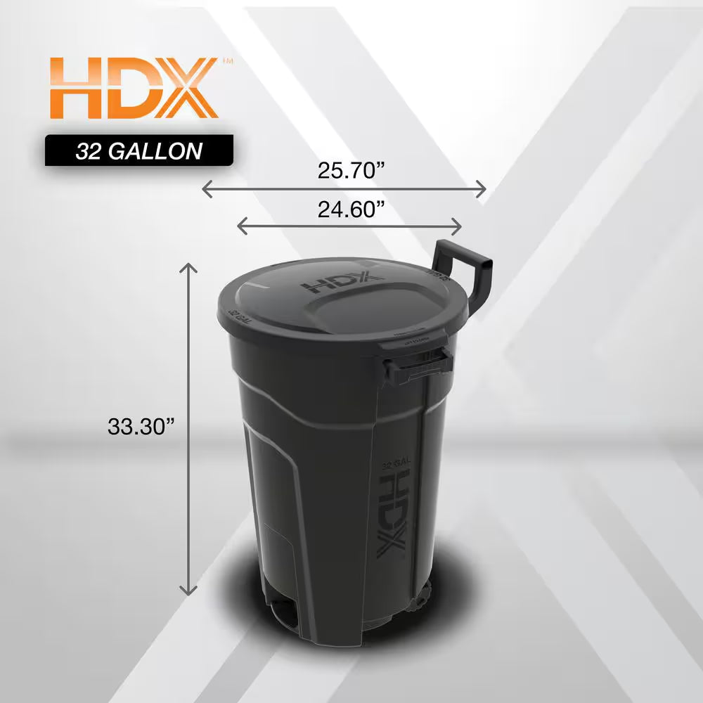 32 Gal. Black Outdoor Vented Trash Can with Wheels, Domed Lid, Rounded Handles, and Reinforced Foothold