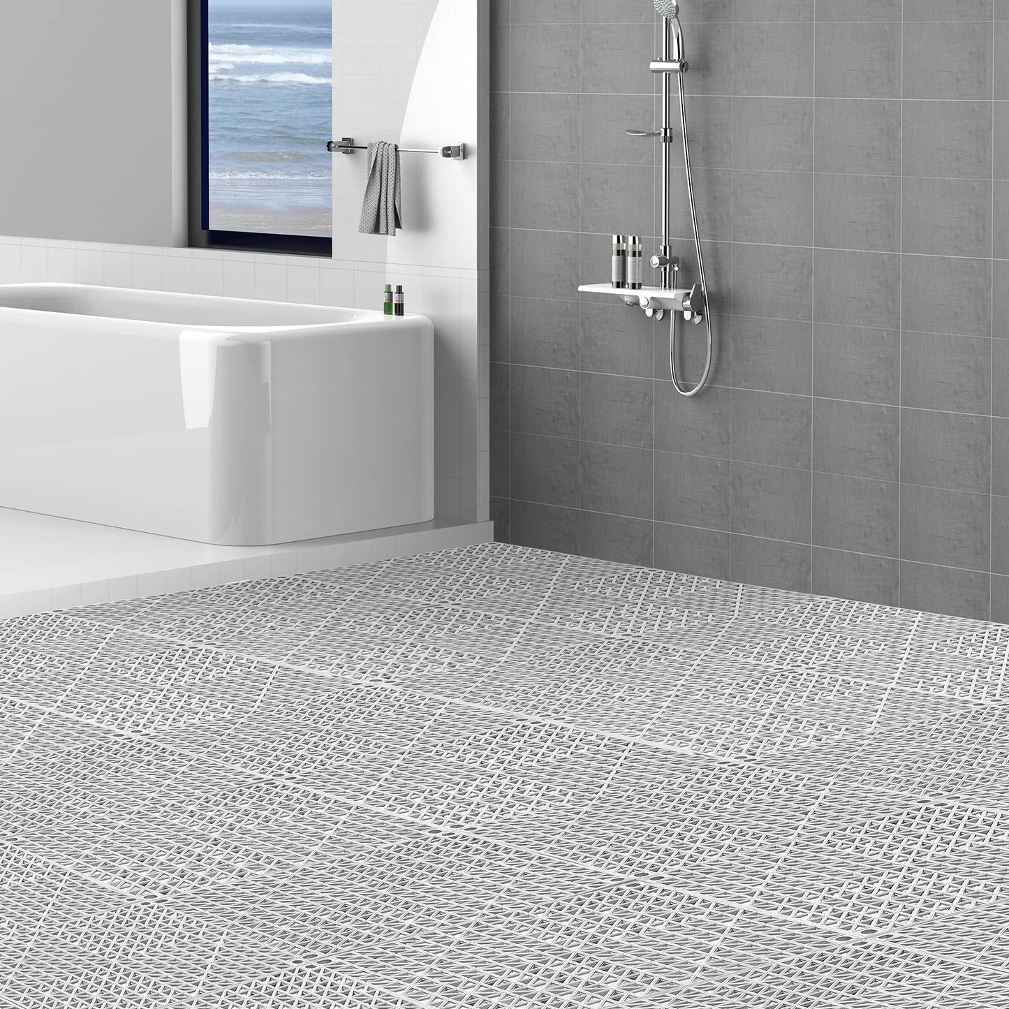 VEVOR Interlocking Tile 50PCS Gray, Drainage Tiles 12 X 12 Splicing, Soft PVC Interlocking Drainage Floor Tiles, Non-Slip Drainage Holes for Restroom, Bathroom, Kitchen, Pool, Wet Areas
