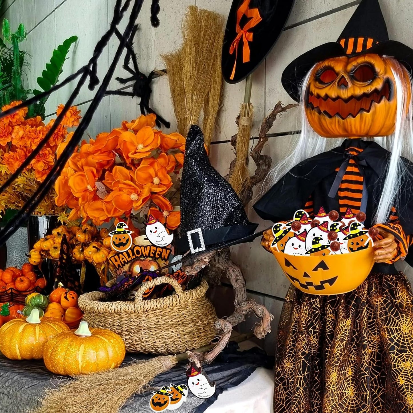 100 Pcs Halloween Lollipop Jam Chocolate Candy Holder Paper Cards Creative DIY Pumpkin Ghost Sugar Card Wrapping for Halloween Party Gift Accessories Decorations