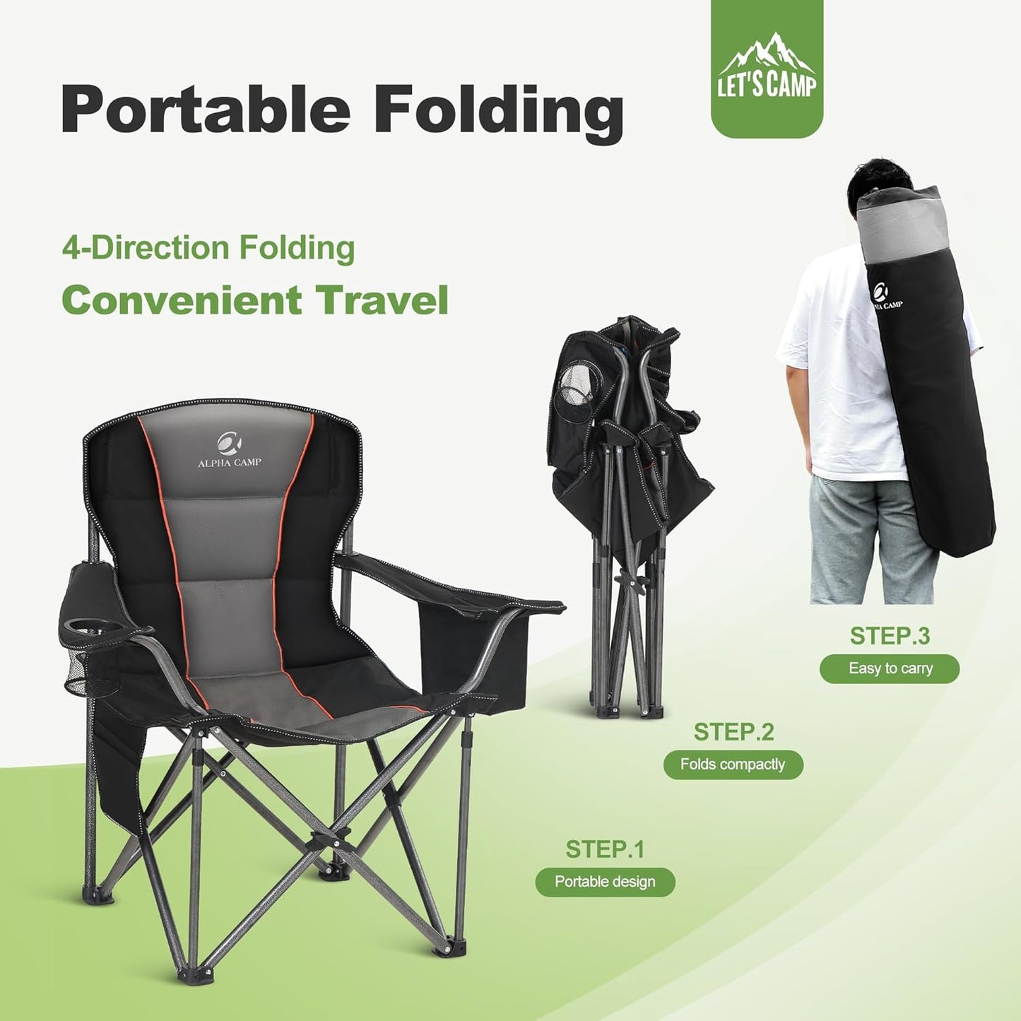Folding Camping Chair Oversized Heavy Duty Padded Outdoor Chair with Cup Holder Storage and Cooler Bag, 450 LBS Weight Capacity, Thicken 600D Oxford,2 Pack
