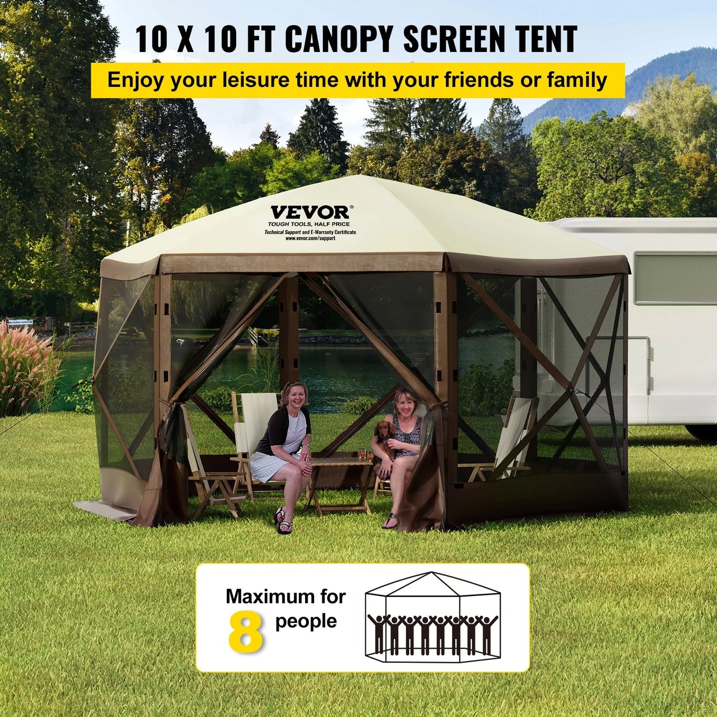 VEVOR Camping Gazebo Screen Tent, 12*12Ft, 6 Sided Pop-Up Canopy Shelter Tent with Mesh Windows, Portable Carry Bag, Stakes, Large Shade Tents for Outdoor Camping, Lawn and Backyard, Brown/Beige