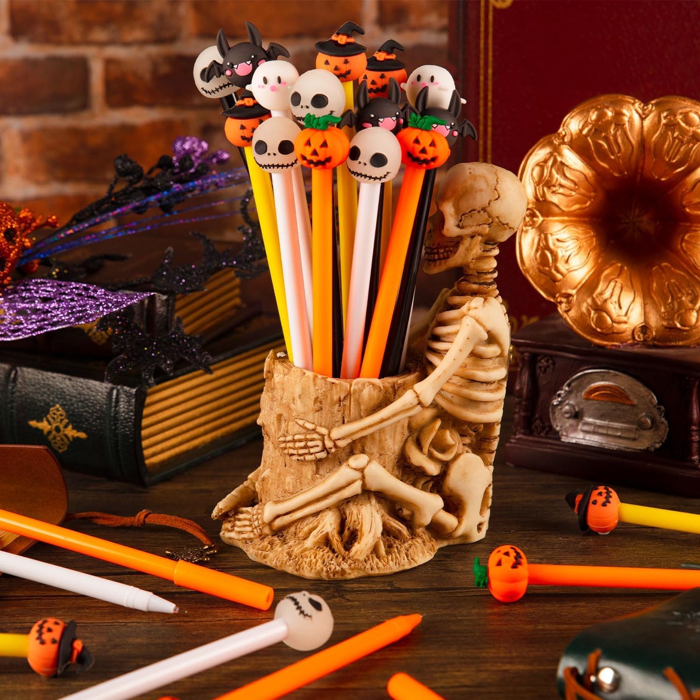 60 Pcs Halloween Pens, Pumpkin Skull Heads Ghost Bat Shape Pens, 0.5 MM Bulk Black Rollerball Pen for Halloween Thanksgiving Party Supplies School Office