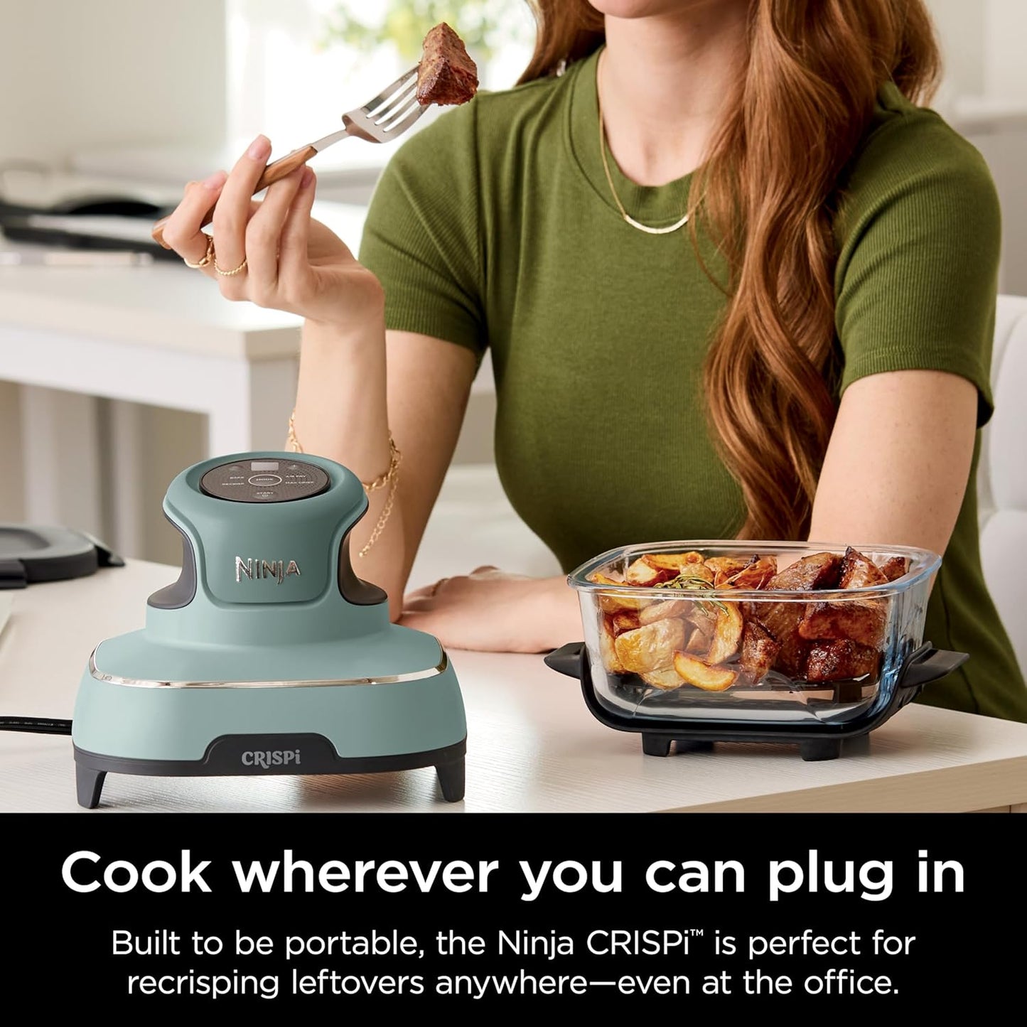Crispi Air Fryer, Microwave, Freezer & Dishwasher Safe, Non Toxic Glass Portable Cooking System, 4 QT & 6 Cup Glass Containers with Storage Lids, Easy Meals, Air Fry, Bake, Green, FN101SG