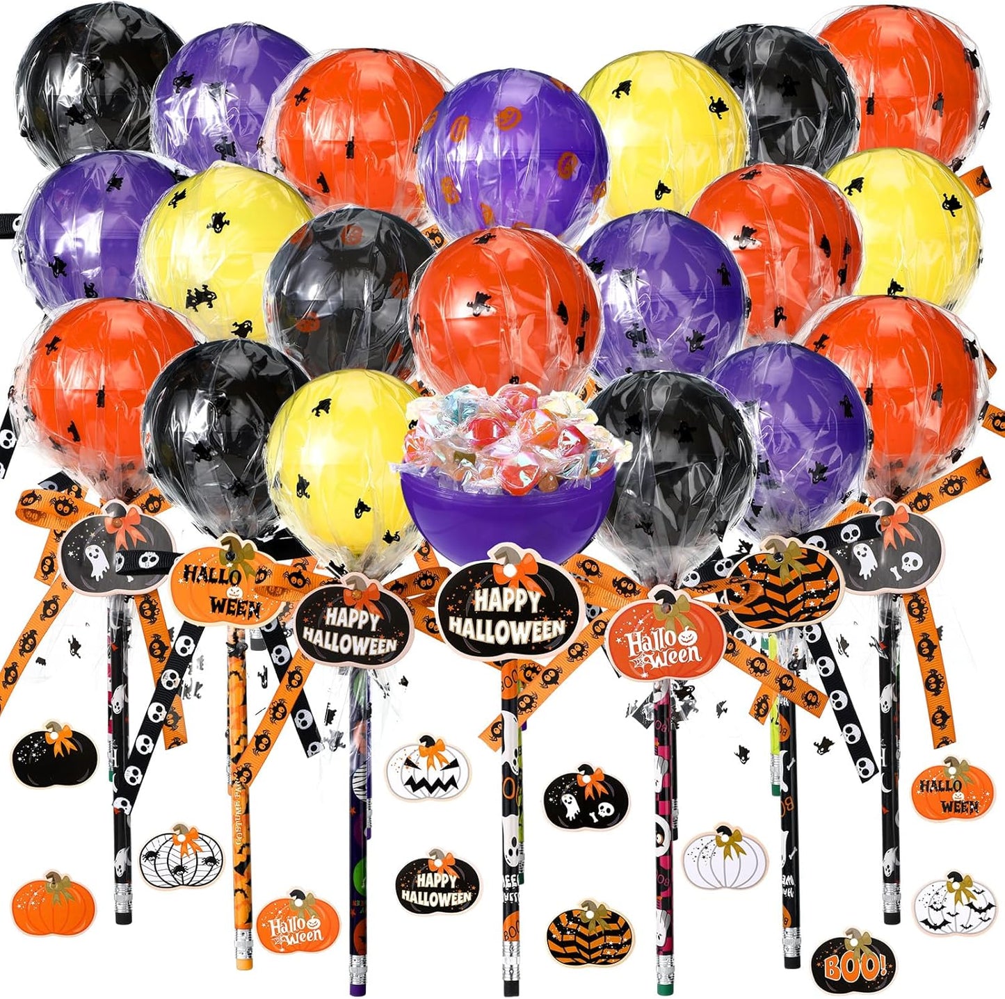 96 Pcs Halloween Trick or Treat Container Party Supplies Halloween Pencil Giant Lollipop Shape Stationery Candy Fillable Hold Plastic Lollipop Storage with Pencil for Classroom Gifts