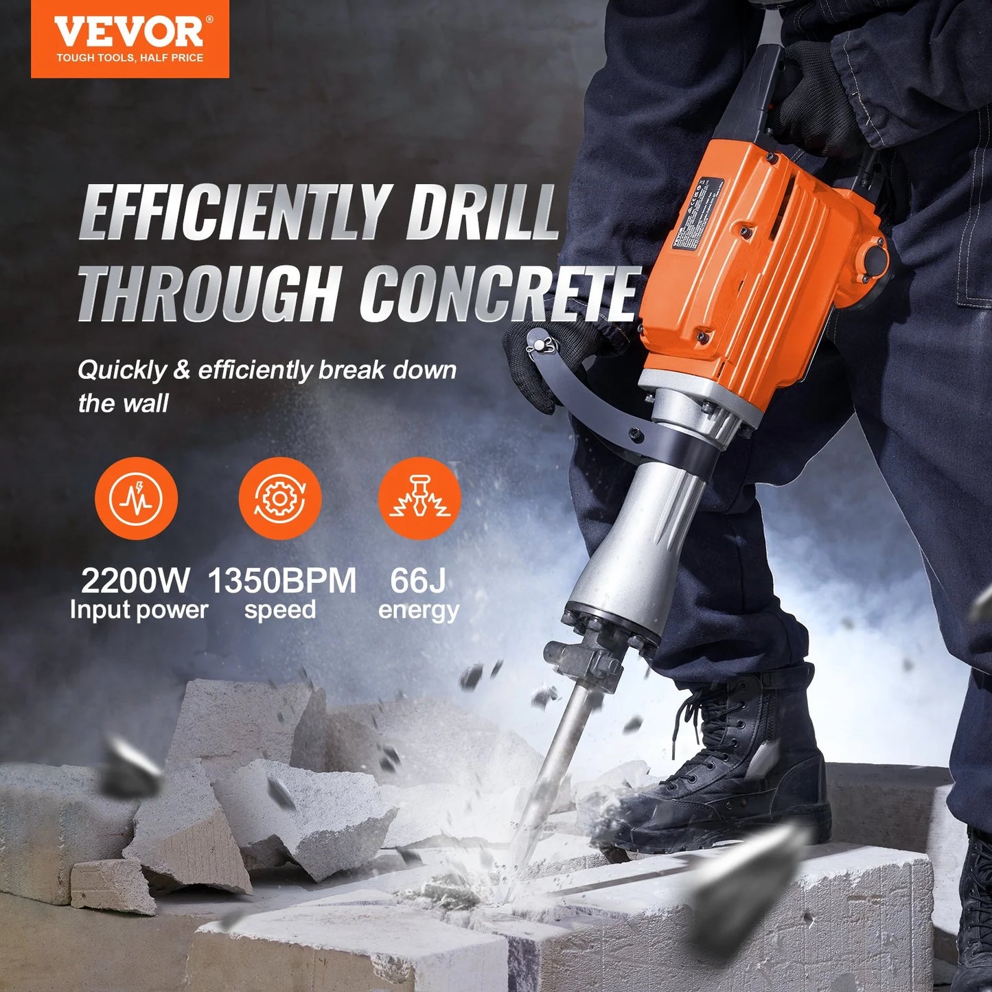 VEVOR Demolition Jack Hammer, 2200W 1400 BPM Jack Hammer Concrete Breaker, Heavy Duty Electric Jack Hammer 6Pcs Chisels Bit with Gloves, 360C Swiveling Front Handle for Trenching and Breaking Holes